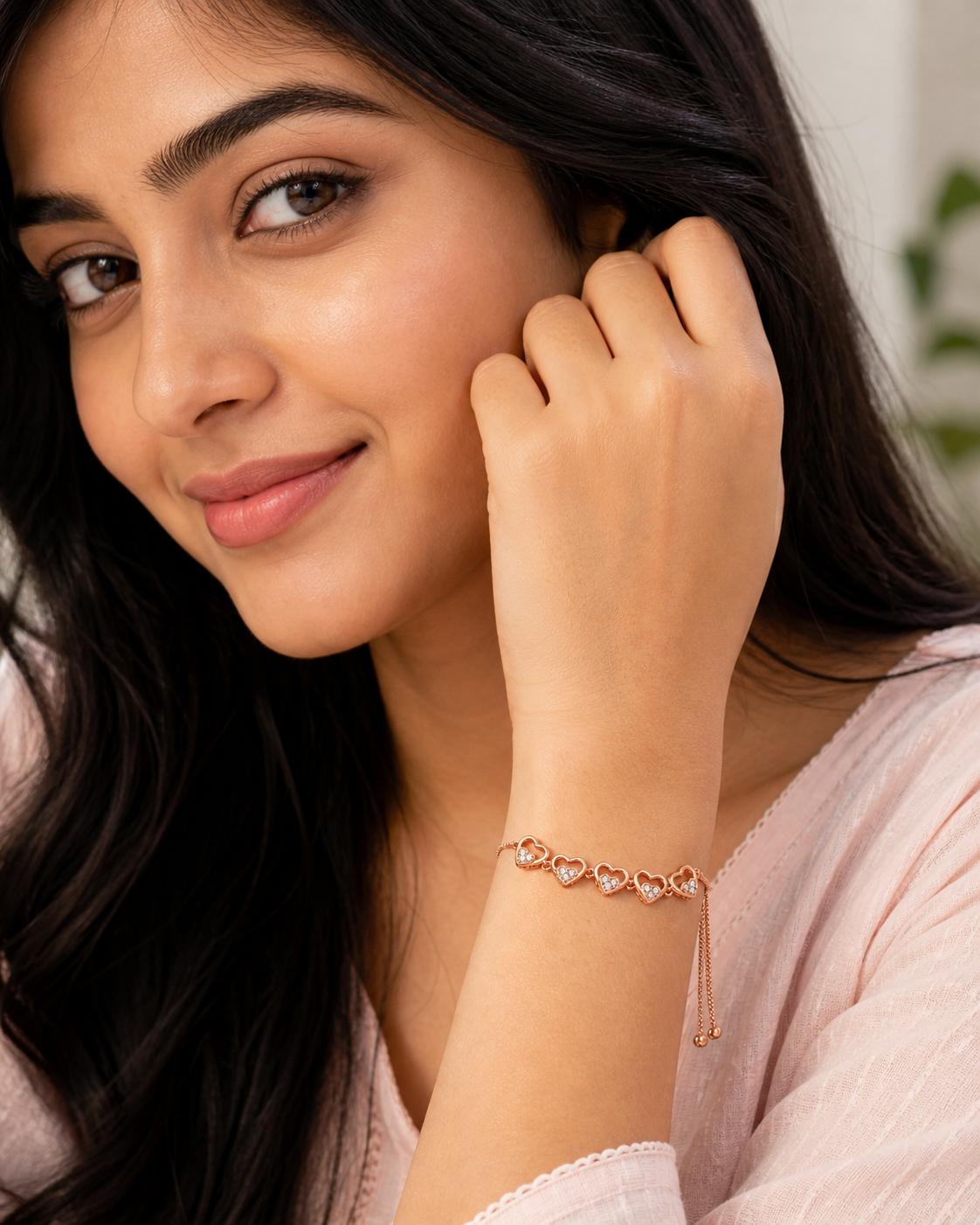 Forevershine Rose Gold Cubic Zirconia Heart Adjustable Slider Bracelet - Image 7