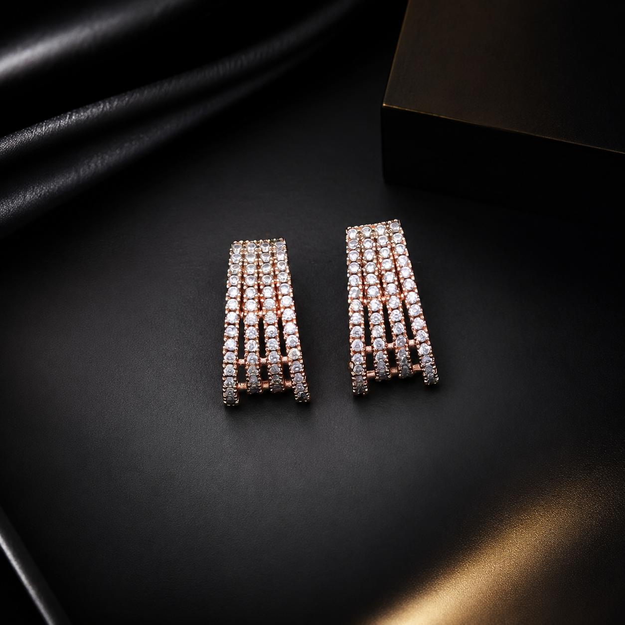 Forevershine Rose Gold Cz 4-Row Curved Geometric Cage Tops Stud Earrings - Image 2