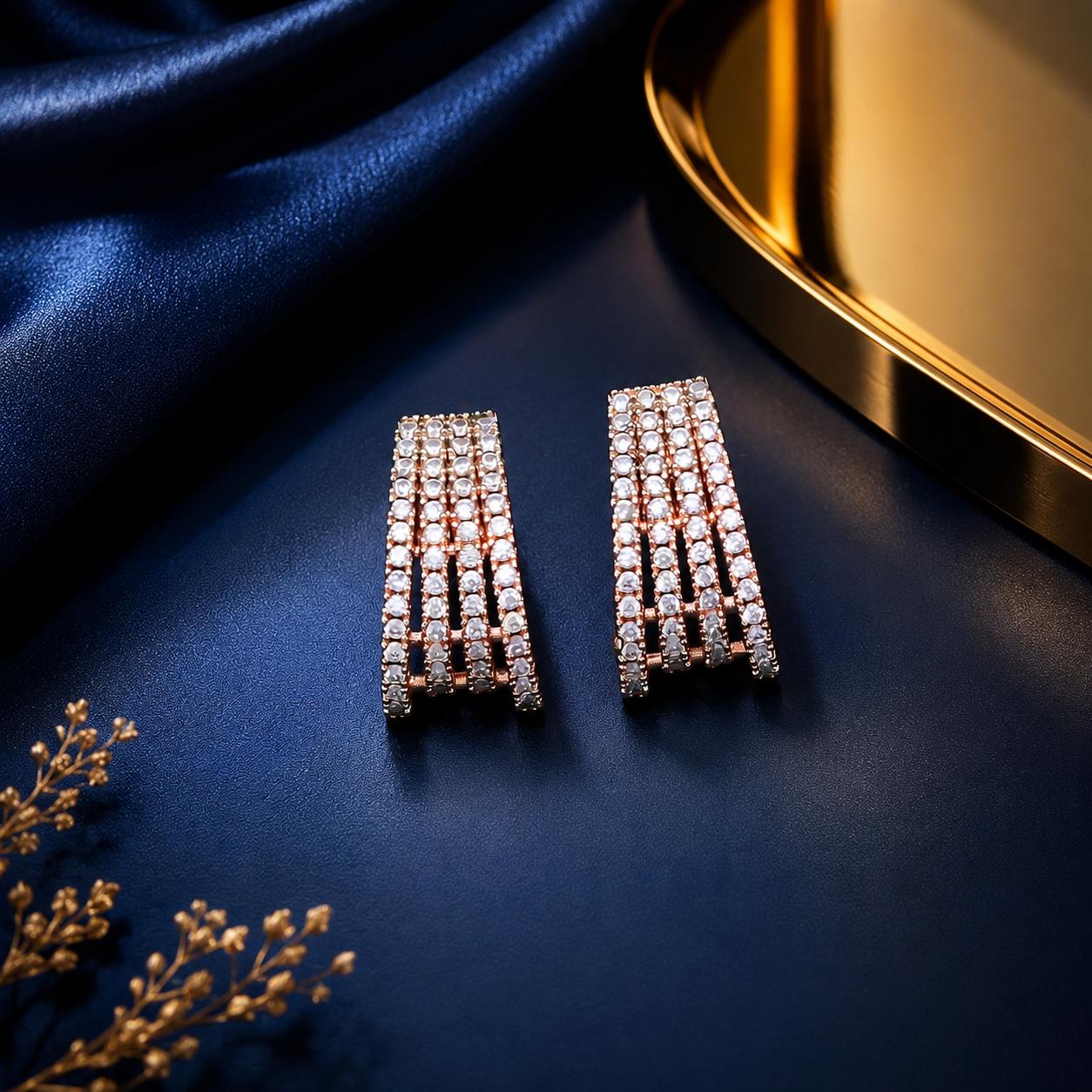 Forevershine Rose Gold Cz 4-Row Curved Geometric Cage Tops Stud Earrings - Image 4