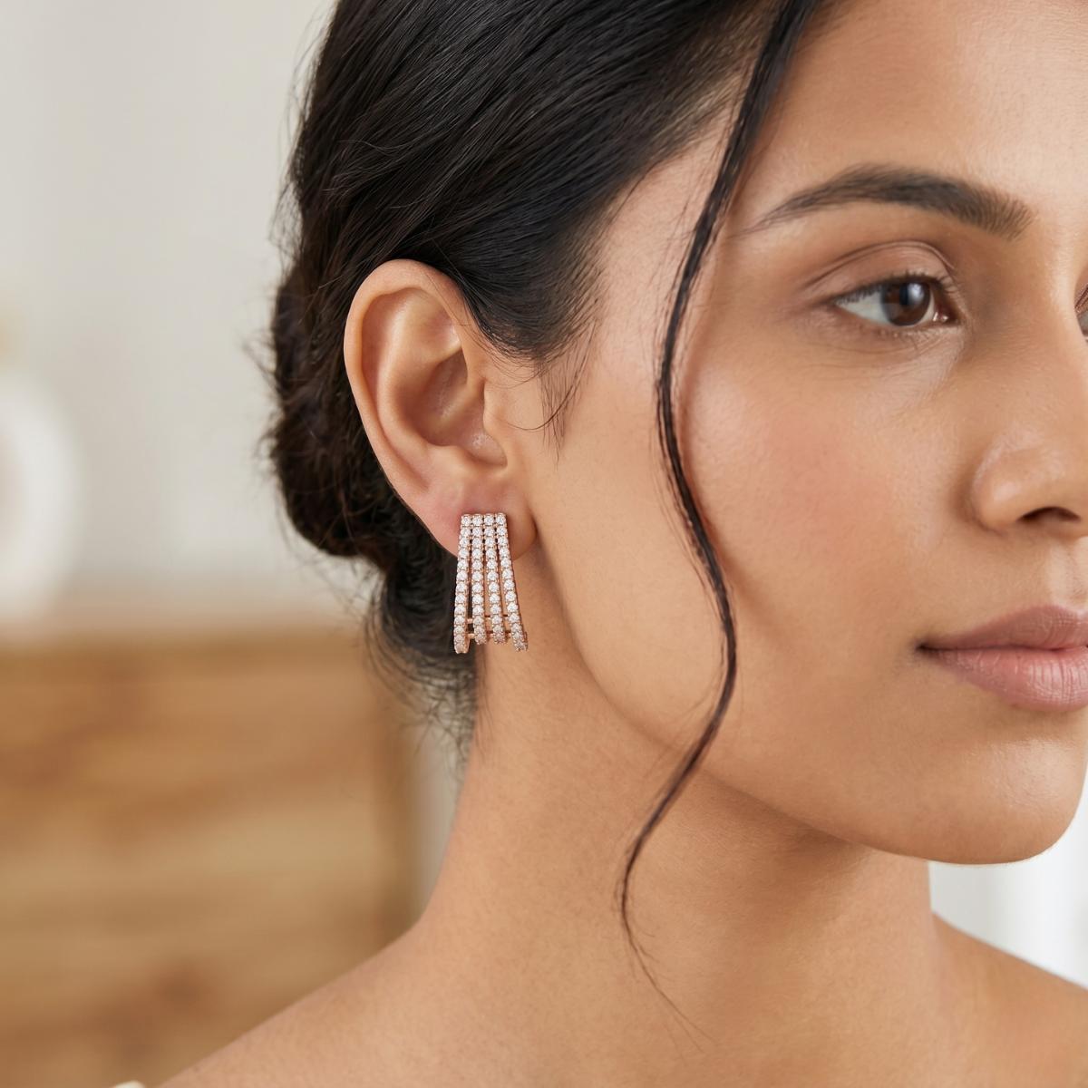 Forevershine Rose Gold Cz 4-Row Curved Geometric Cage Tops Stud Earrings - Image 9