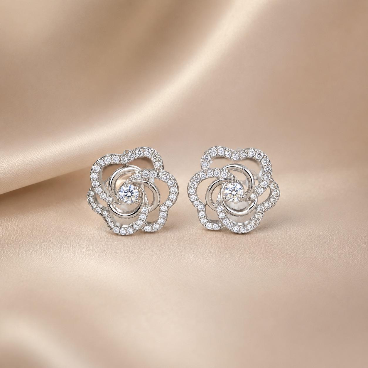 Forevershine Rhodium Plated Cz Swirl Open Floral Tops Stud Earrings
