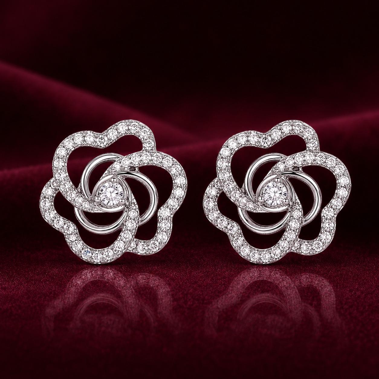 Forevershine Rhodium Plated Cz Swirl Open Floral Tops Stud Earrings - Image 2