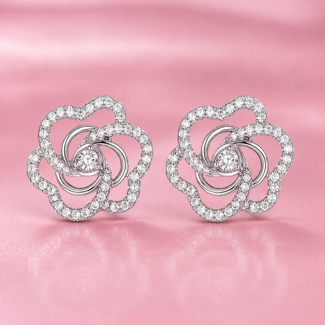 Forevershine Rhodium Plated Cz Swirl Open Floral Tops Stud Earrings - Image 7