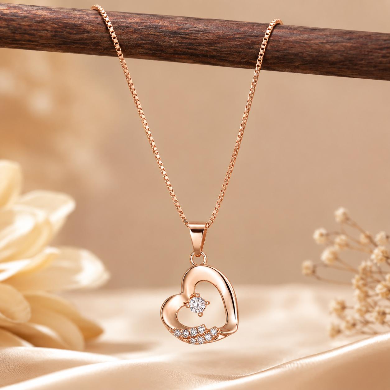 Rose Gold Plated Ad Cz Heart Pendant Necklace - Image 7