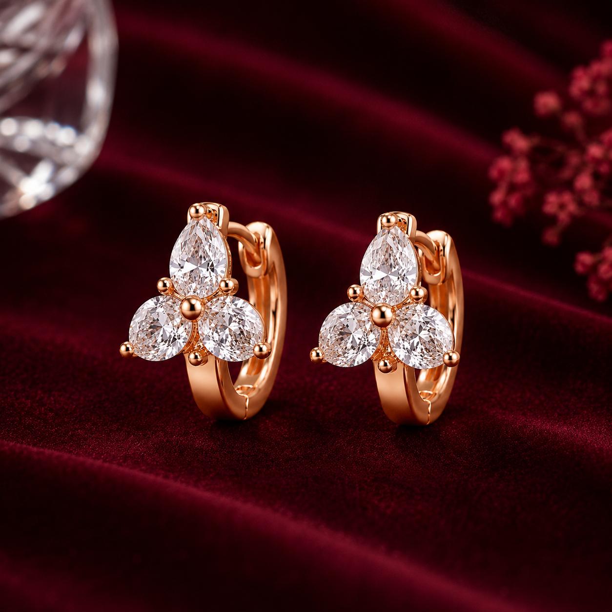 Rose Gold Plated Ad Cz Floral Bali Hoop Earrings