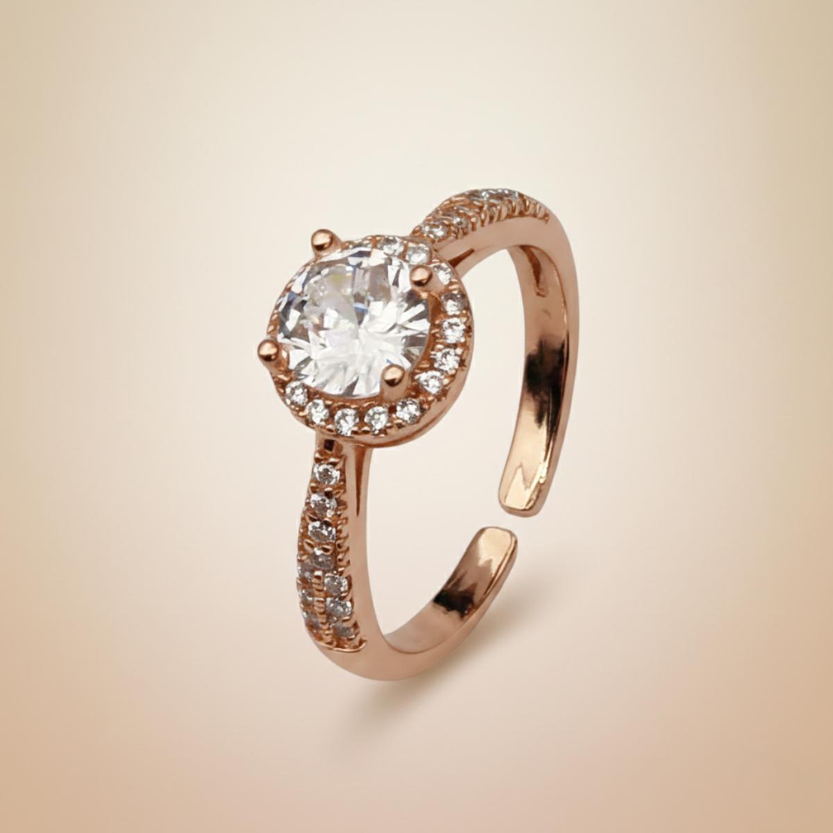 Forevershine Rose Gold Plated Adjustable Cubic Zirconia Solitaire Finger Ring For Women & Girls | Sparkling Round Cut Cz Halo Open Ring | Elegant Minimalist Jewellery Gift For Birthday Anniversary Wedding