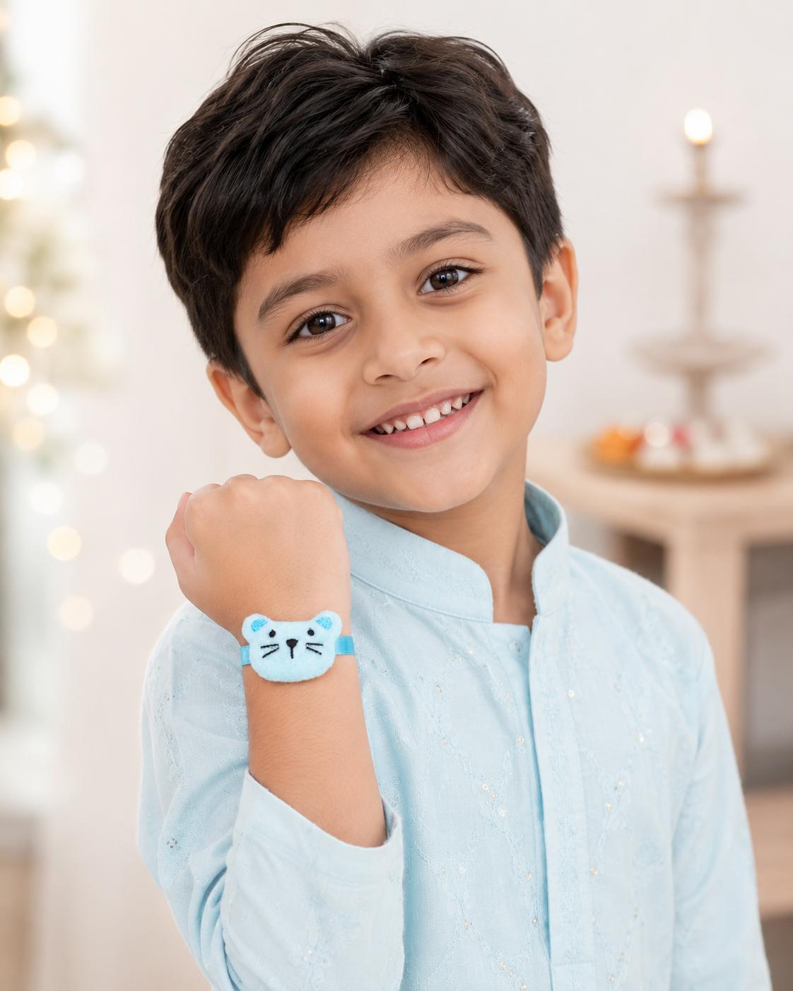 Blue Cute Cat Kids Rakhi Soft Plush Rakhi For Boys - Image 3