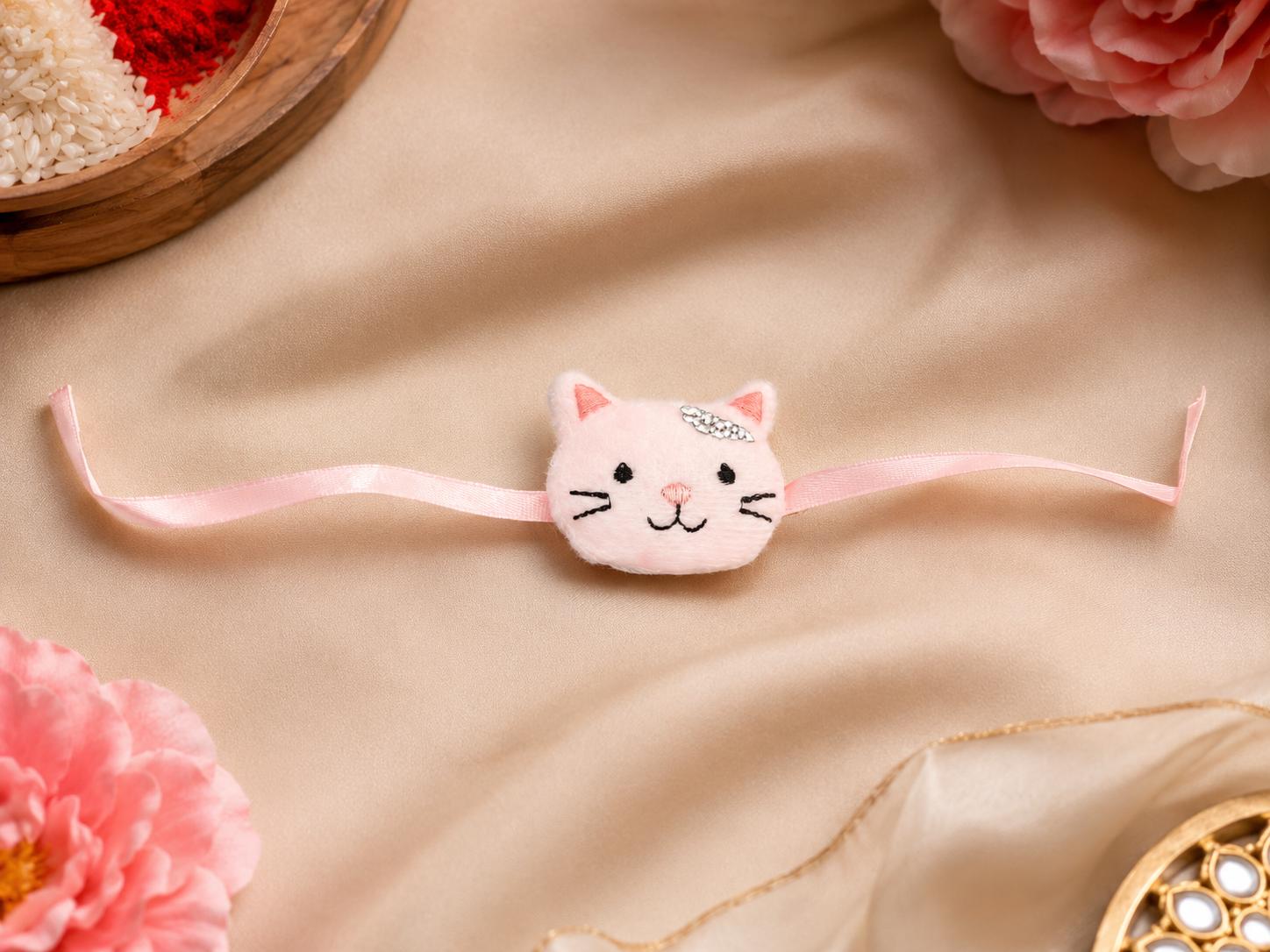 Pink Cute Cat Plush Kids Rakhi For Boys Soft Rakhi