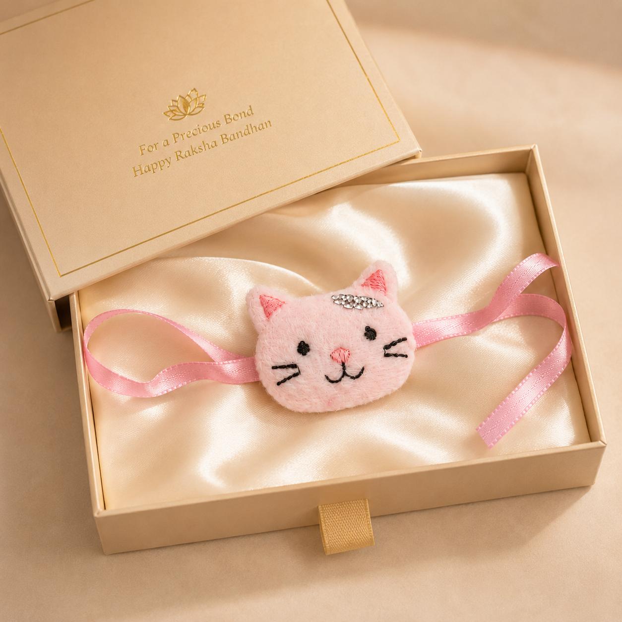 Pink Cute Cat Plush Kids Rakhi For Boys Soft Rakhi - Image 2