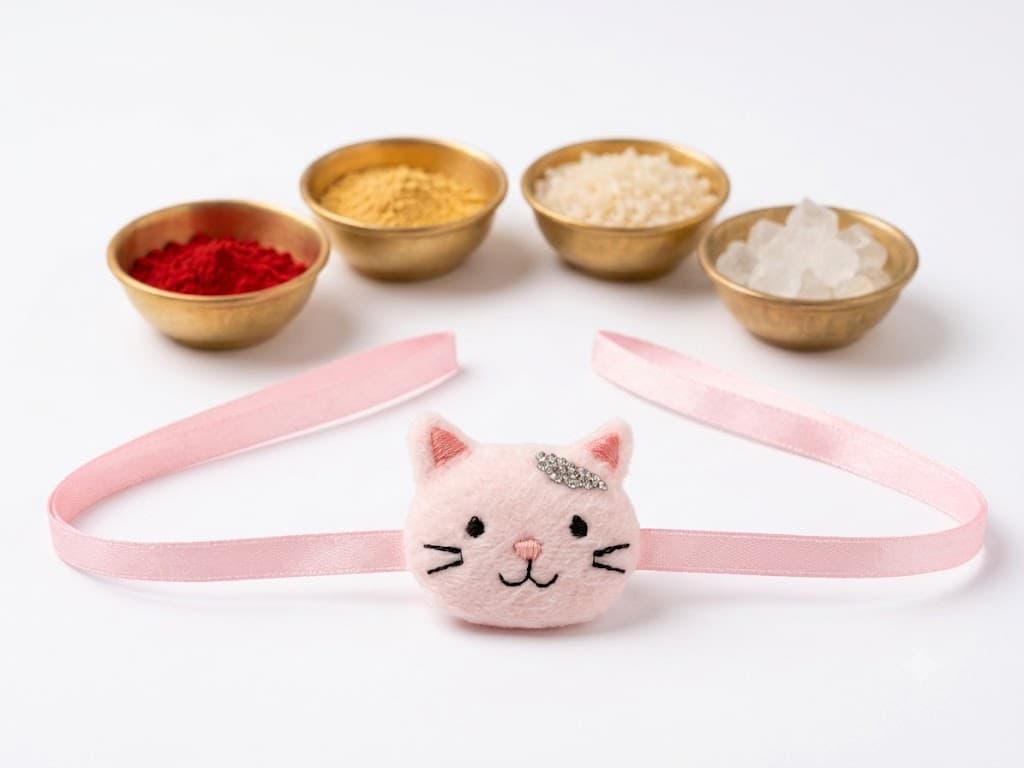 Pink Cute Cat Plush Kids Rakhi For Boys Soft Rakhi - Image 3