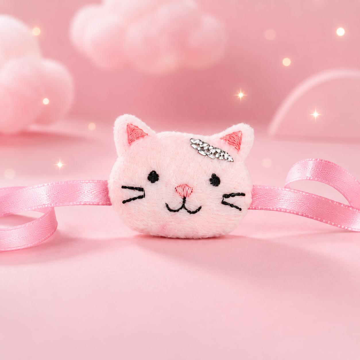 Pink Cute Cat Plush Kids Rakhi For Boys Soft Rakhi - Image 4