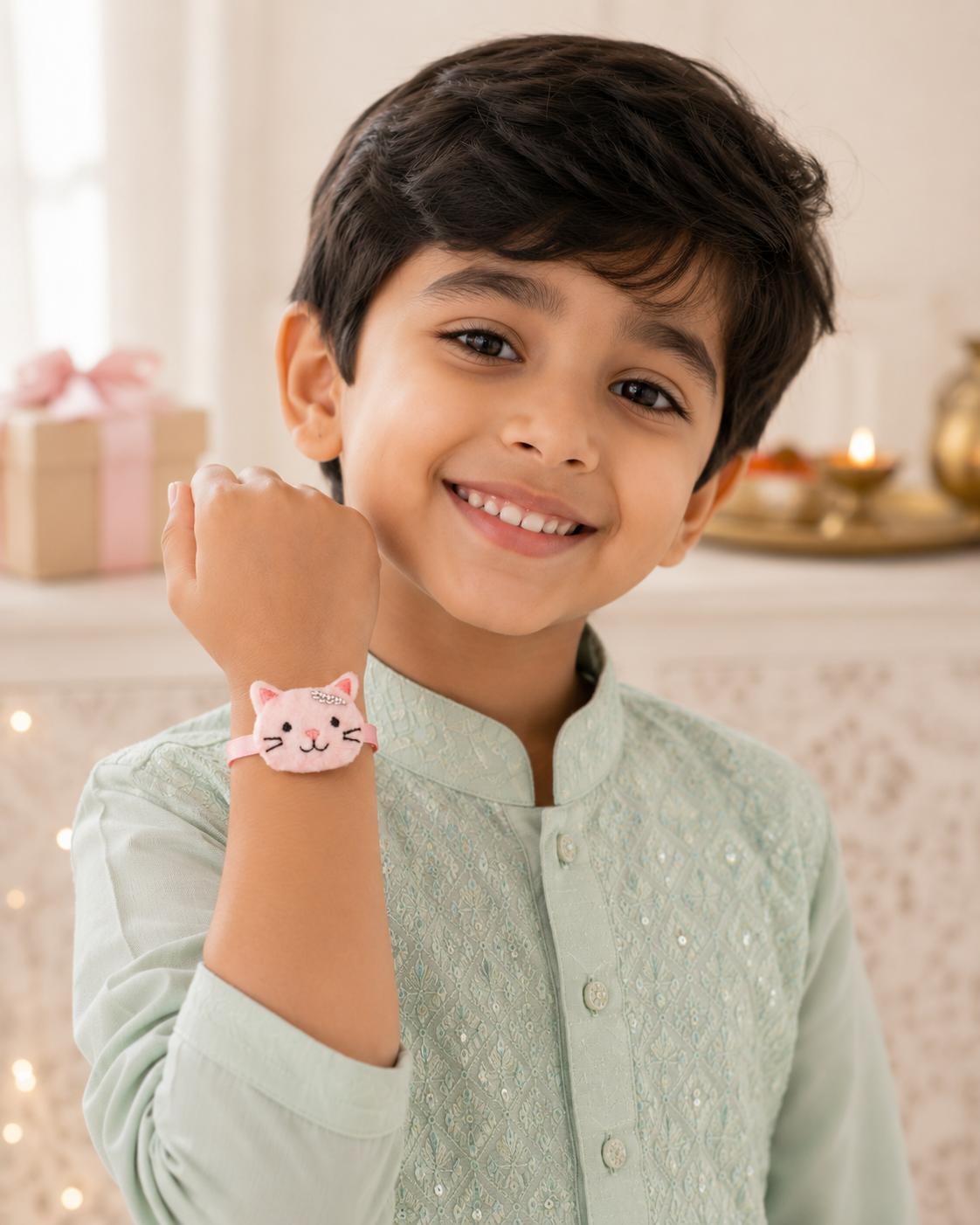 Pink Cute Cat Plush Kids Rakhi For Boys Soft Rakhi - Image 6