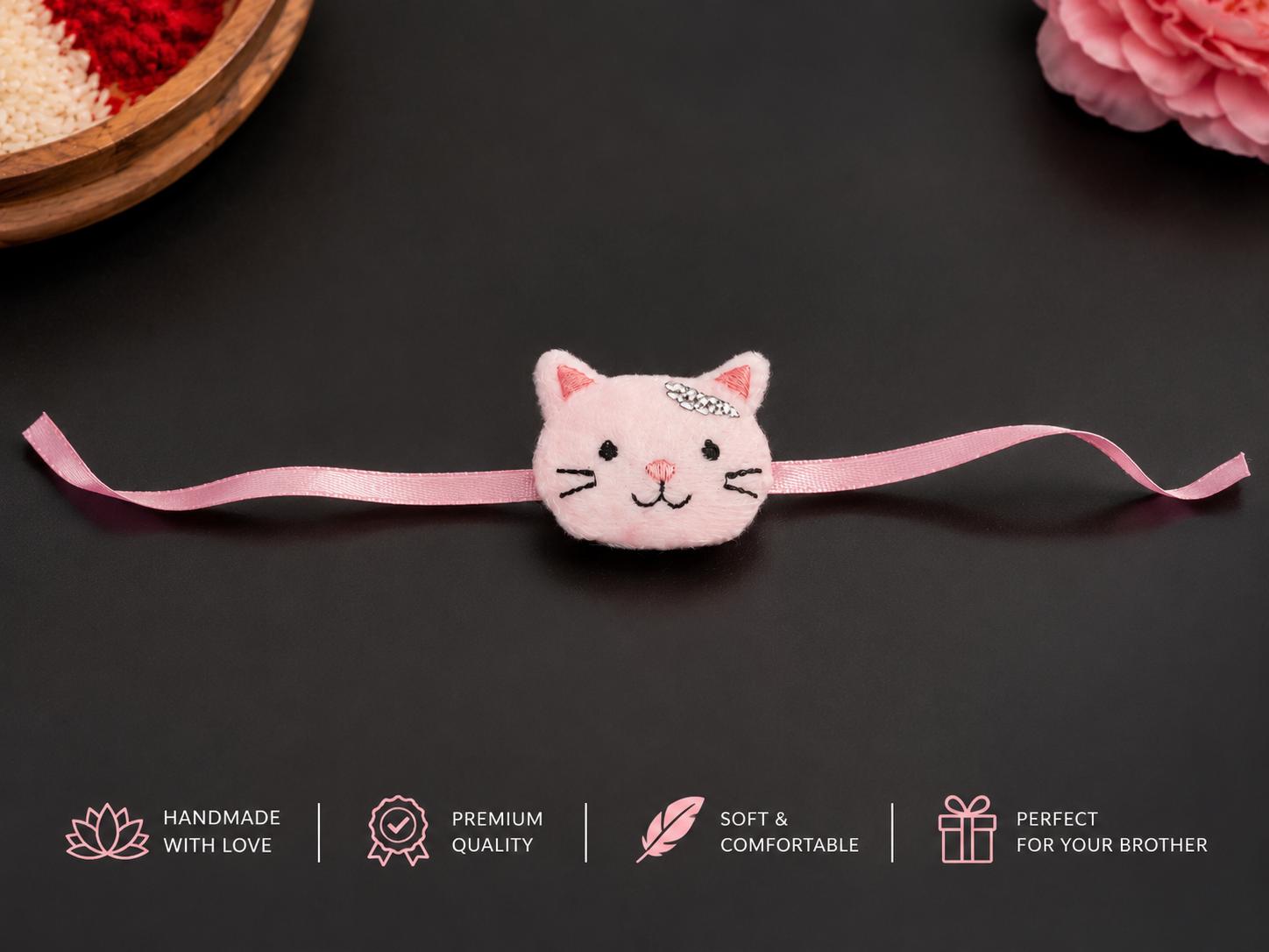 Pink Cute Cat Plush Kids Rakhi For Boys Soft Rakhi - Image 7