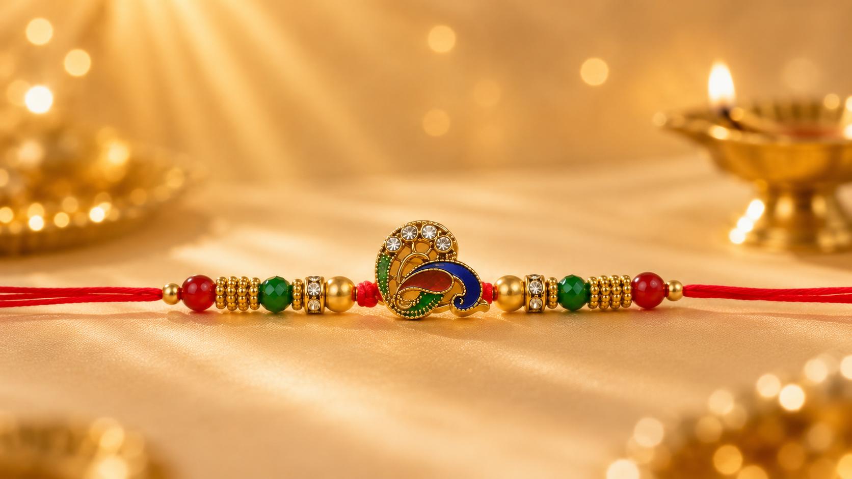 Gold Plated Peacock Designer Rakhi For Men & Boys(1 Rakhi With Roli, Chawal, Chandan & Mishri Pack)