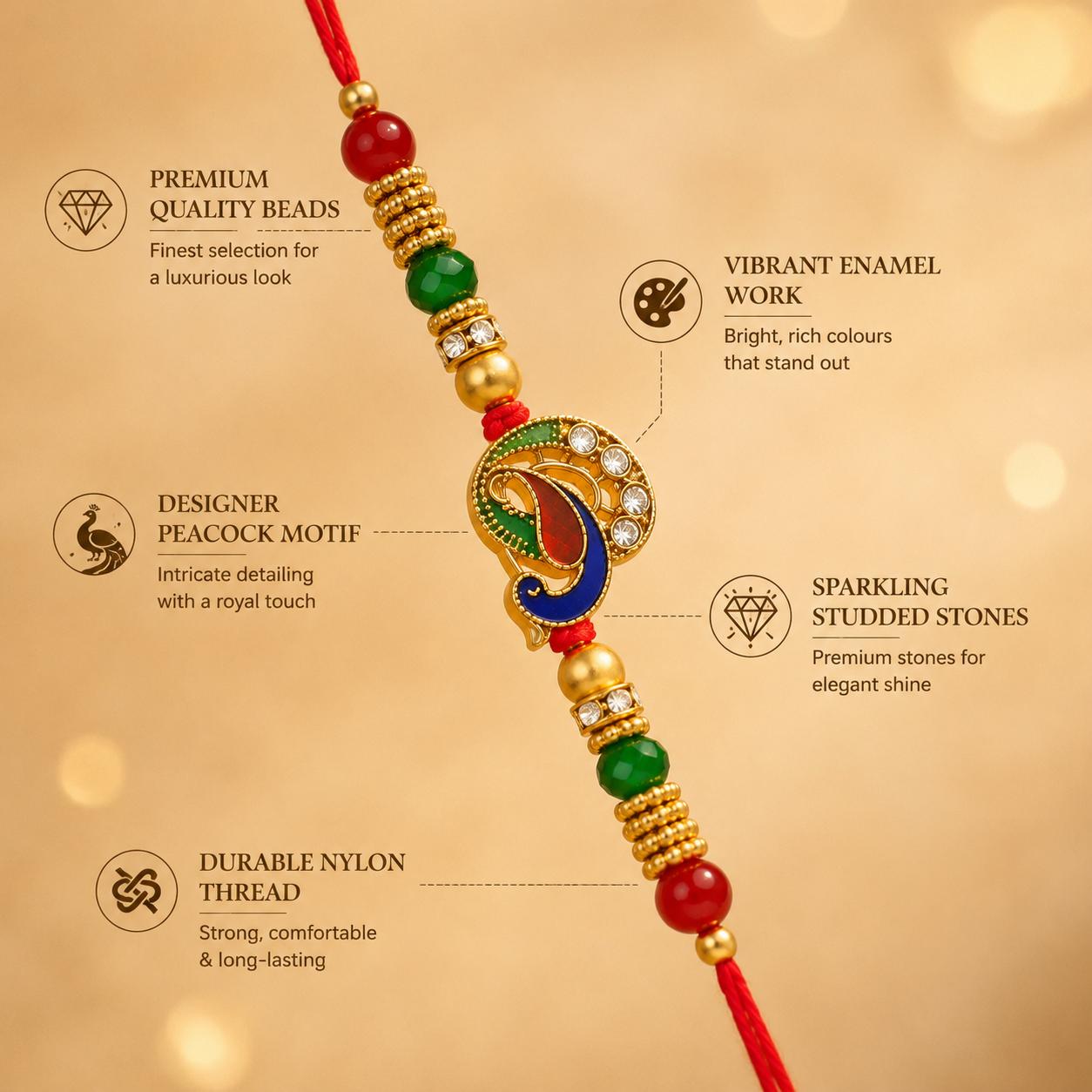 Gold Plated Peacock Designer Rakhi For Men & Boys(1 Rakhi With Roli, Chawal, Chandan & Mishri Pack) - Image 9