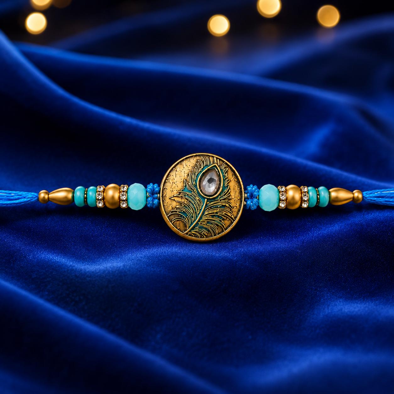 Peacock Feather Designer Rakhi With Blue Beads For Men & Boys(1 Rakhi With Roli, Chawal, Chandan & Mishri Pack)