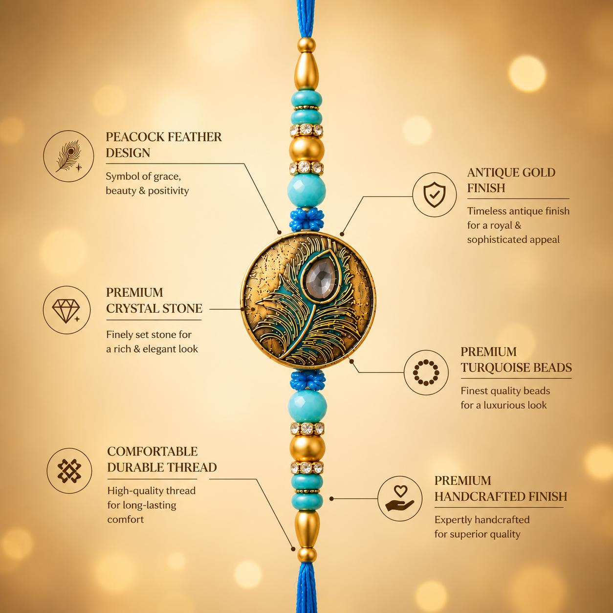 Peacock Feather Designer Rakhi With Blue Beads For Men & Boys(1 Rakhi With Roli, Chawal, Chandan & Mishri Pack) - Image 4