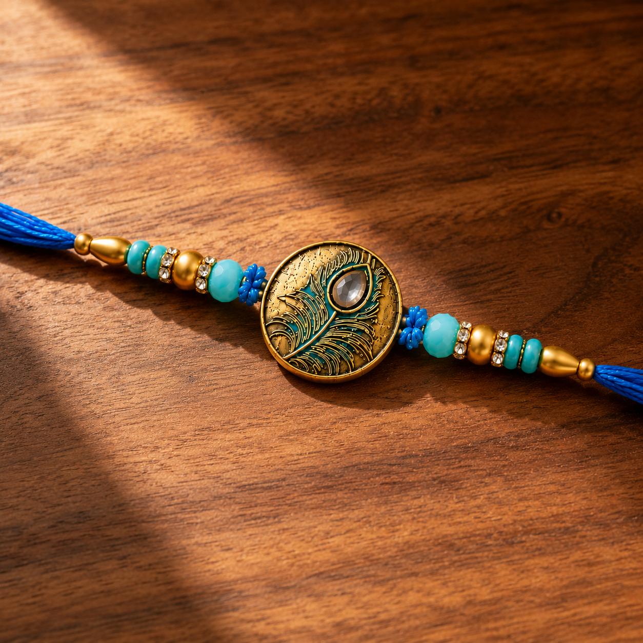 Peacock Feather Designer Rakhi With Blue Beads For Men & Boys(1 Rakhi With Roli, Chawal, Chandan & Mishri Pack) - Image 5