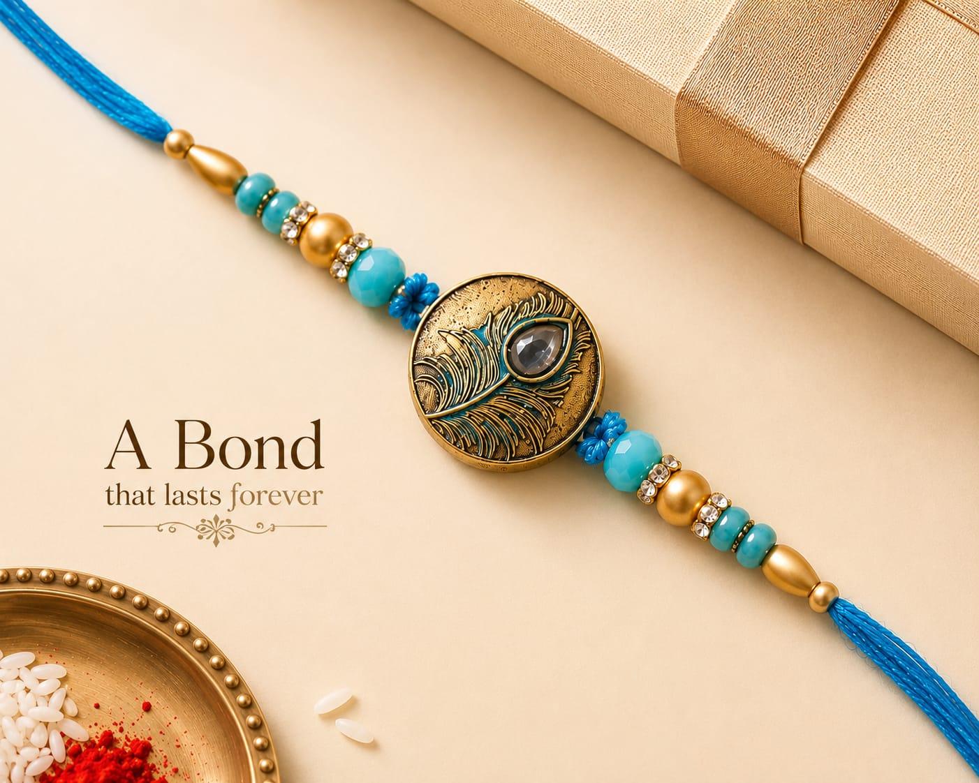 Peacock Feather Designer Rakhi With Blue Beads For Men & Boys(1 Rakhi With Roli, Chawal, Chandan & Mishri Pack) - Image 7