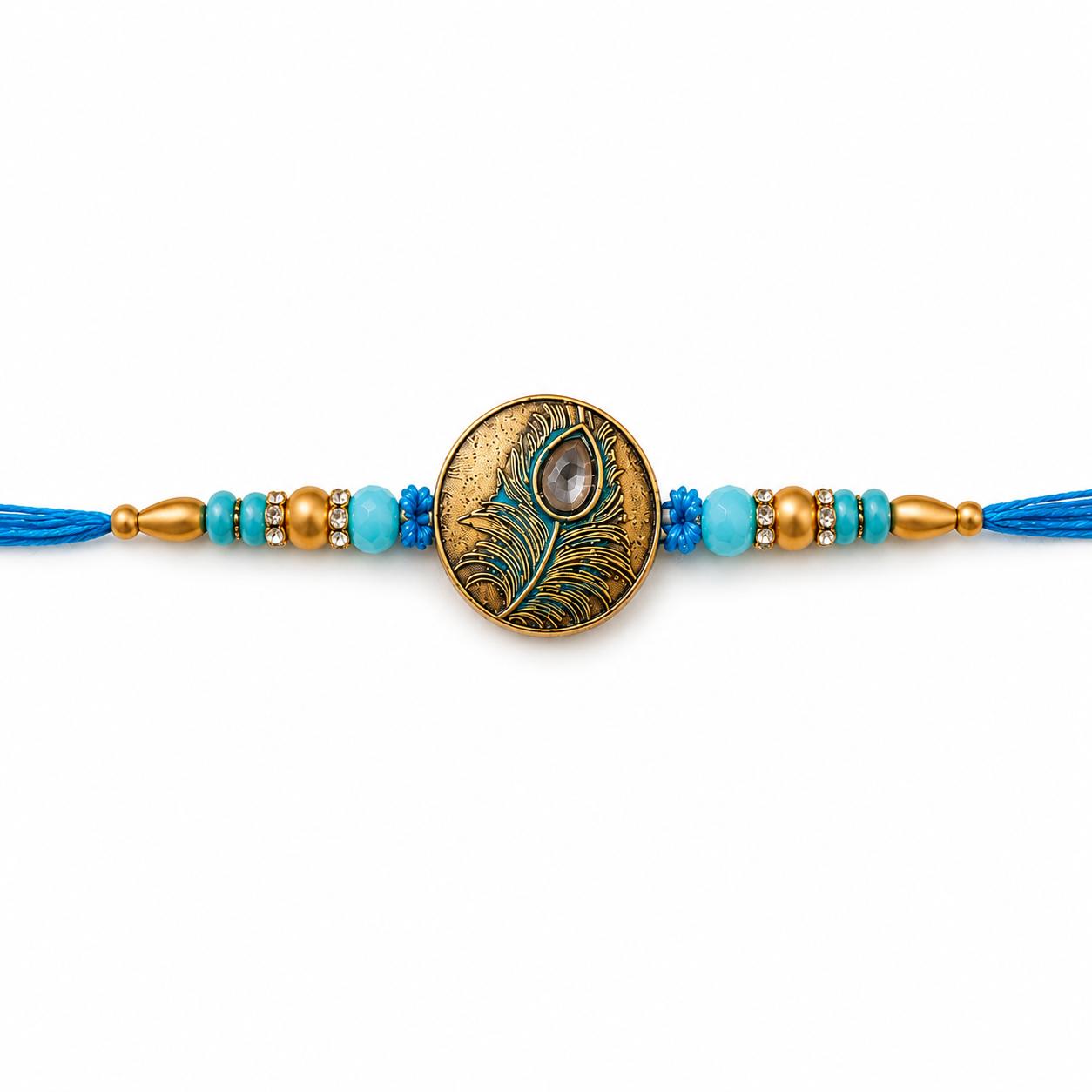 Peacock Feather Designer Rakhi With Blue Beads For Men & Boys(1 Rakhi With Roli, Chawal, Chandan & Mishri Pack) - Image 8