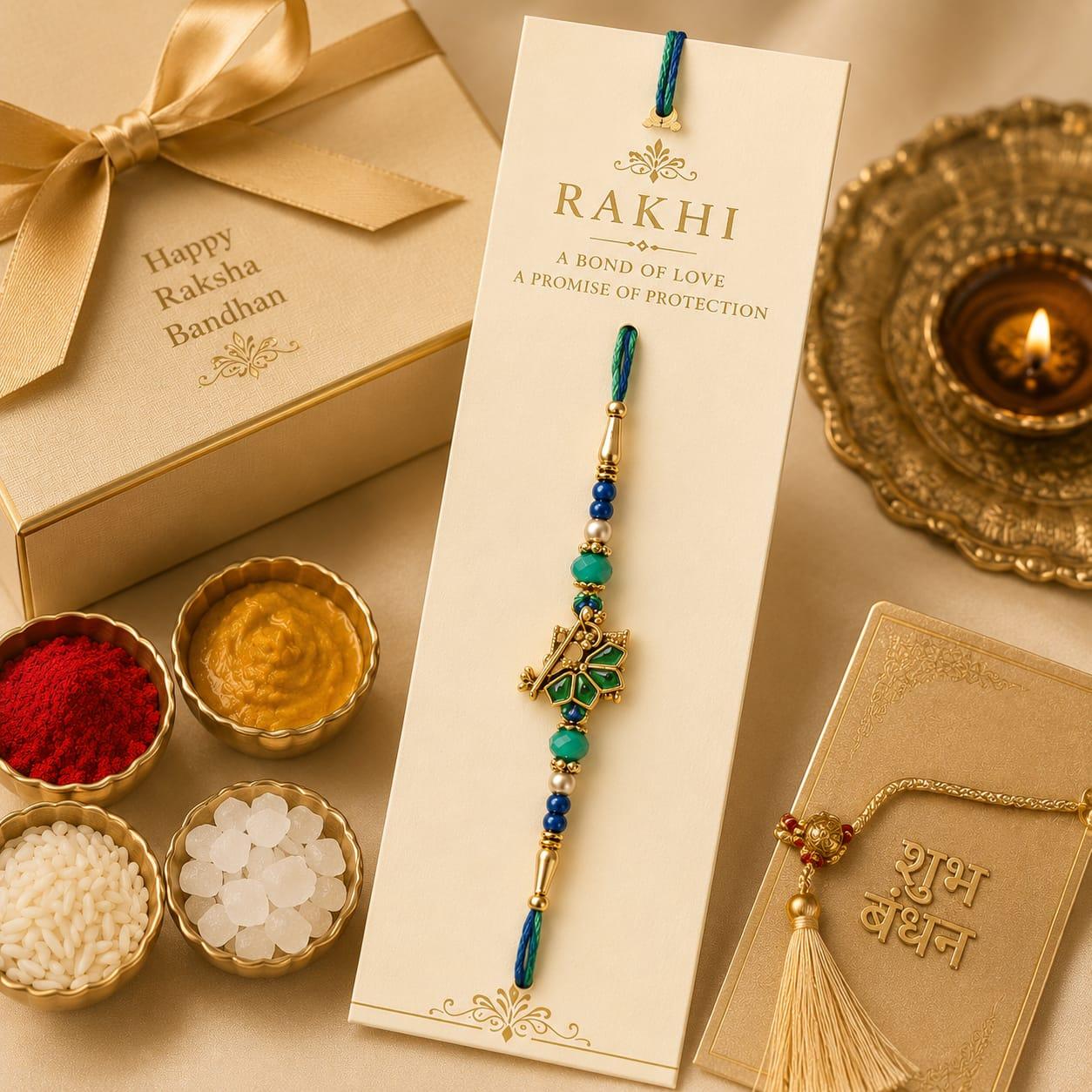 Peacock Feather Flute Designer Rakhi For Men & Boys(1 Rakhi With Roli, Chawal, Chandan & Mishri Pack)