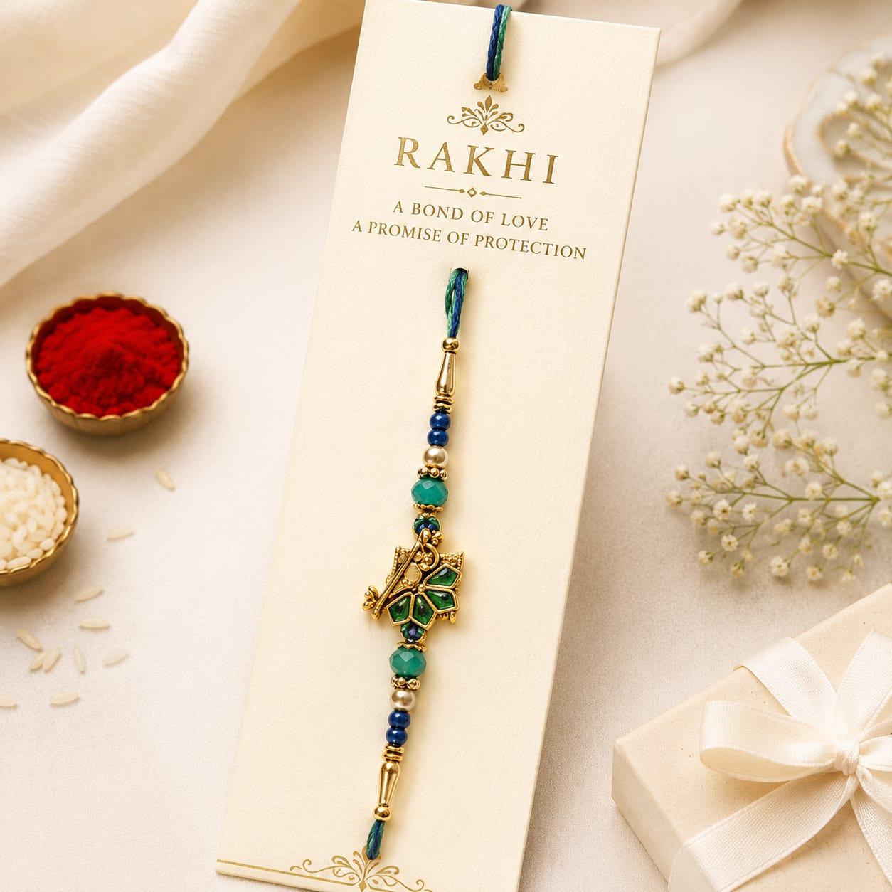 Peacock Feather Flute Designer Rakhi For Men & Boys(1 Rakhi With Roli, Chawal, Chandan & Mishri Pack) - Image 2