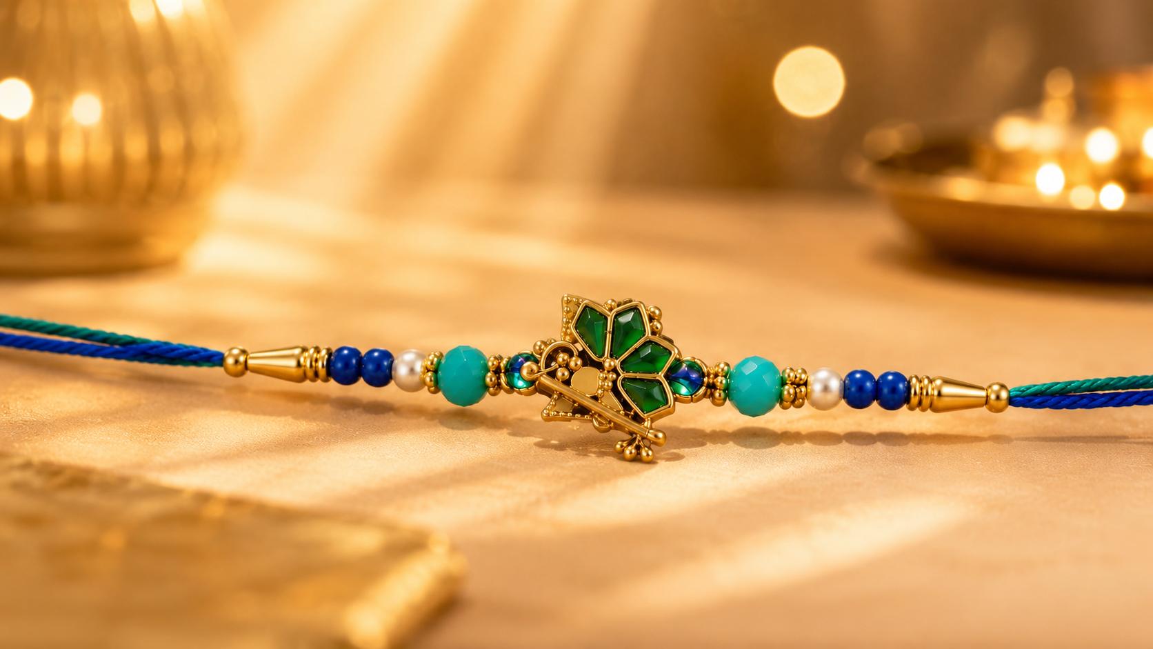 Peacock Feather Flute Designer Rakhi For Men & Boys(1 Rakhi With Roli, Chawal, Chandan & Mishri Pack) - Image 3