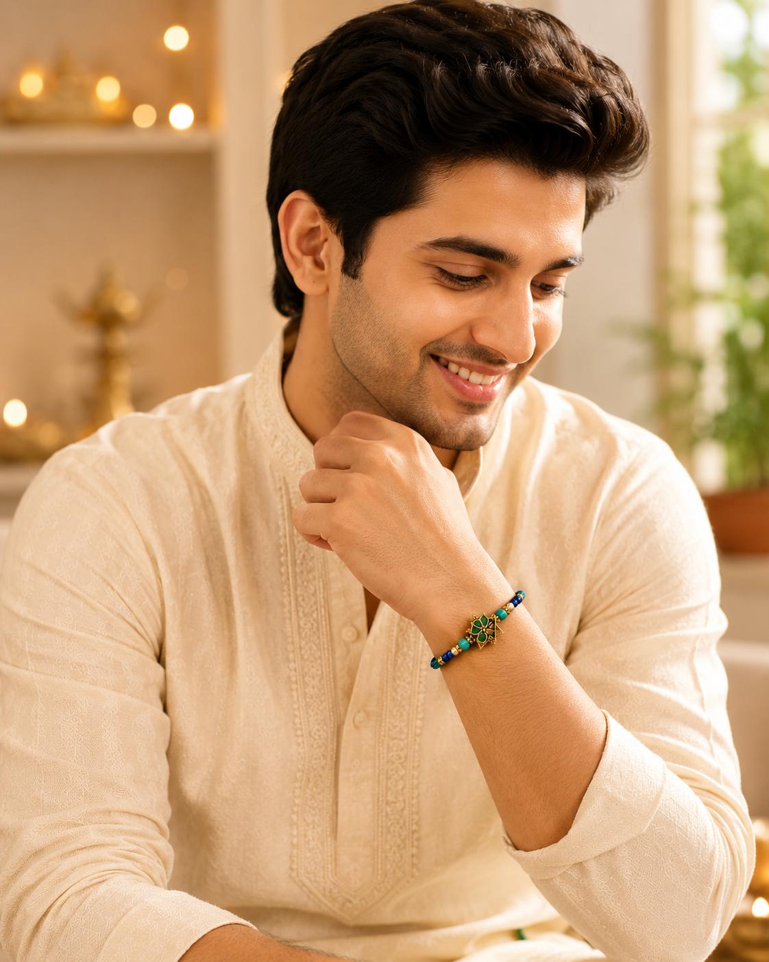 Peacock Feather Flute Designer Rakhi For Men & Boys(1 Rakhi With Roli, Chawal, Chandan & Mishri Pack) - Image 5