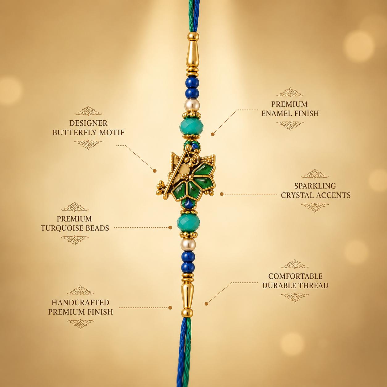 Peacock Feather Flute Designer Rakhi For Men & Boys(1 Rakhi With Roli, Chawal, Chandan & Mishri Pack) - Image 6