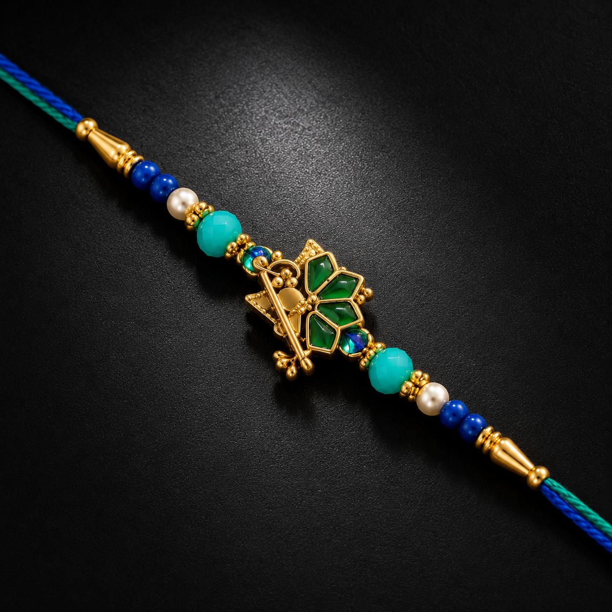 Peacock Feather Flute Designer Rakhi For Men & Boys(1 Rakhi With Roli, Chawal, Chandan & Mishri Pack) - Image 8