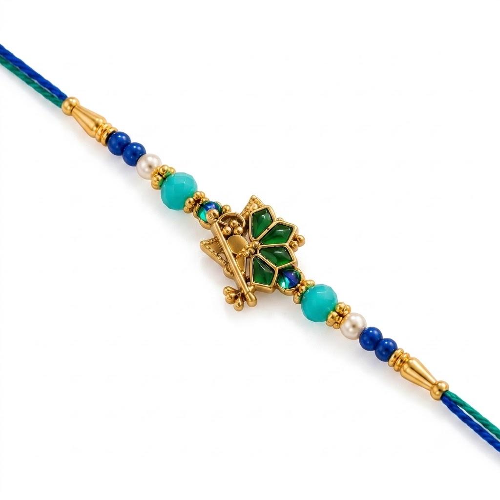 Peacock Feather Flute Designer Rakhi For Men & Boys(1 Rakhi With Roli, Chawal, Chandan & Mishri Pack) - Image 9