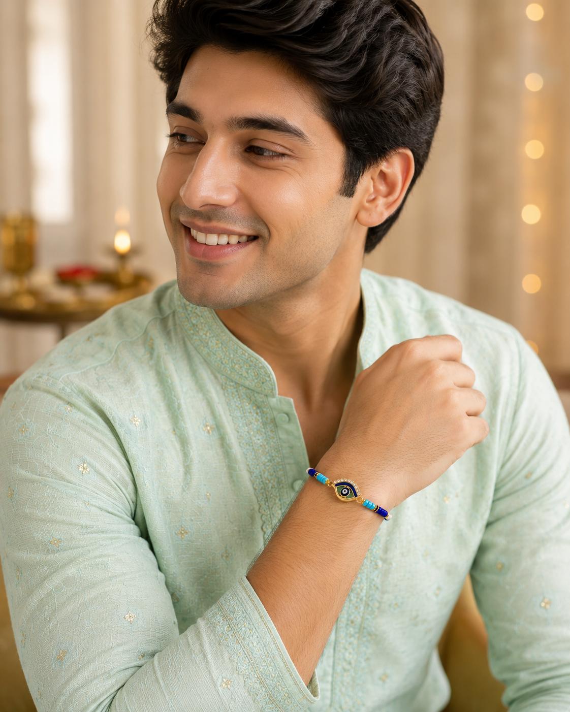 Evil Eye Designer Rakhi With Blue Beads For Men & Boys(1 Rakhi With Roli, Chawal, Chandan & Mishri Pack) - Image 4