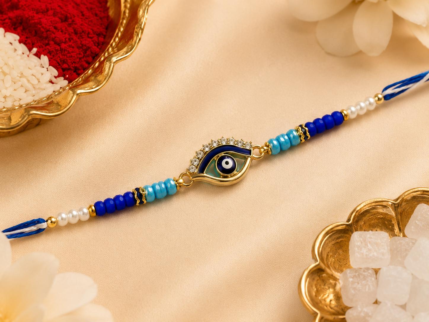 Evil Eye Designer Rakhi With Blue Beads For Men & Boys(1 Rakhi With Roli, Chawal, Chandan & Mishri Pack) - Image 5