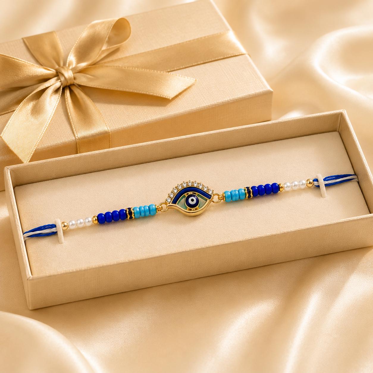 Evil Eye Designer Rakhi With Blue Beads For Men & Boys(1 Rakhi With Roli, Chawal, Chandan & Mishri Pack) - Image 6