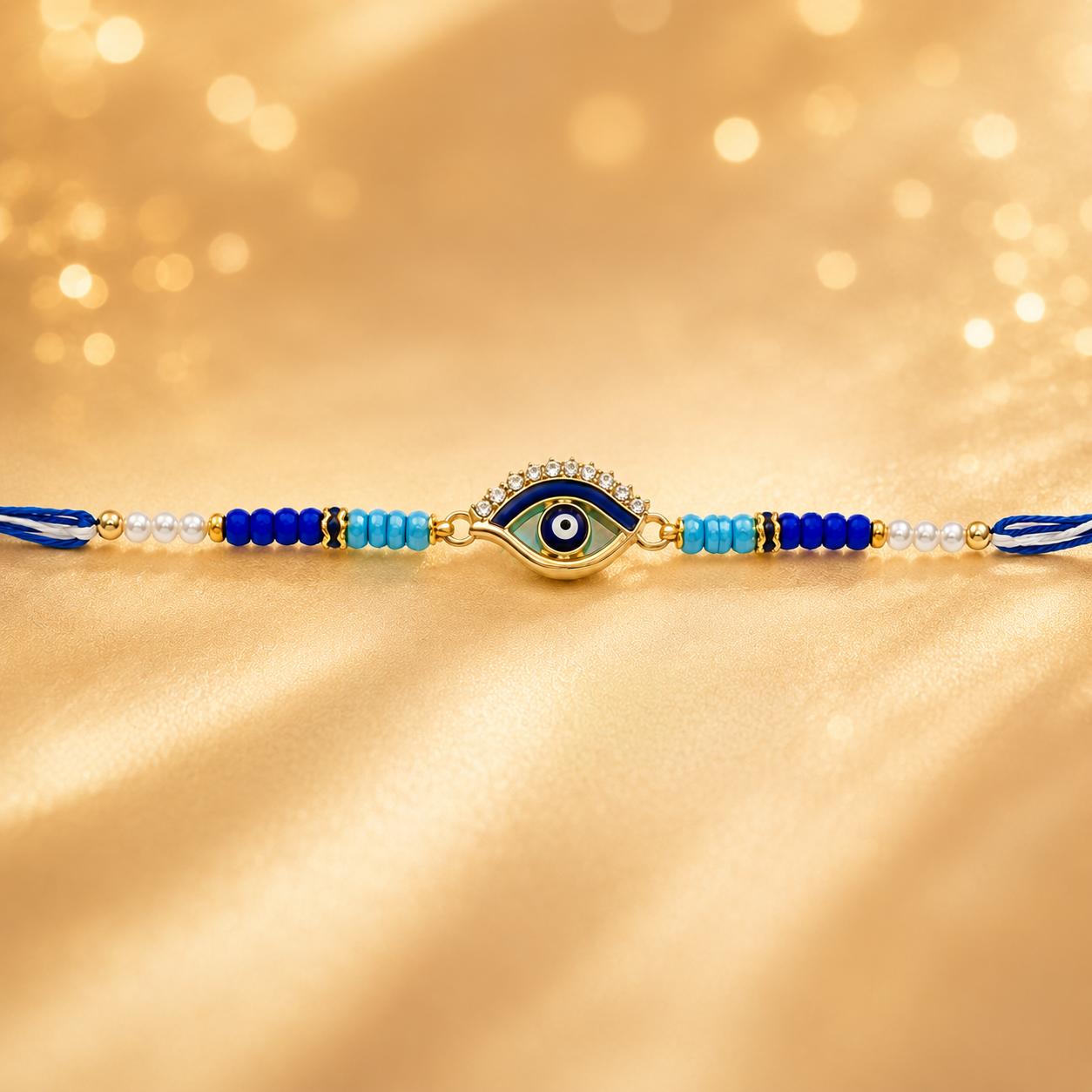 Evil Eye Designer Rakhi With Blue Beads For Men & Boys(1 Rakhi With Roli, Chawal, Chandan & Mishri Pack) - Image 7