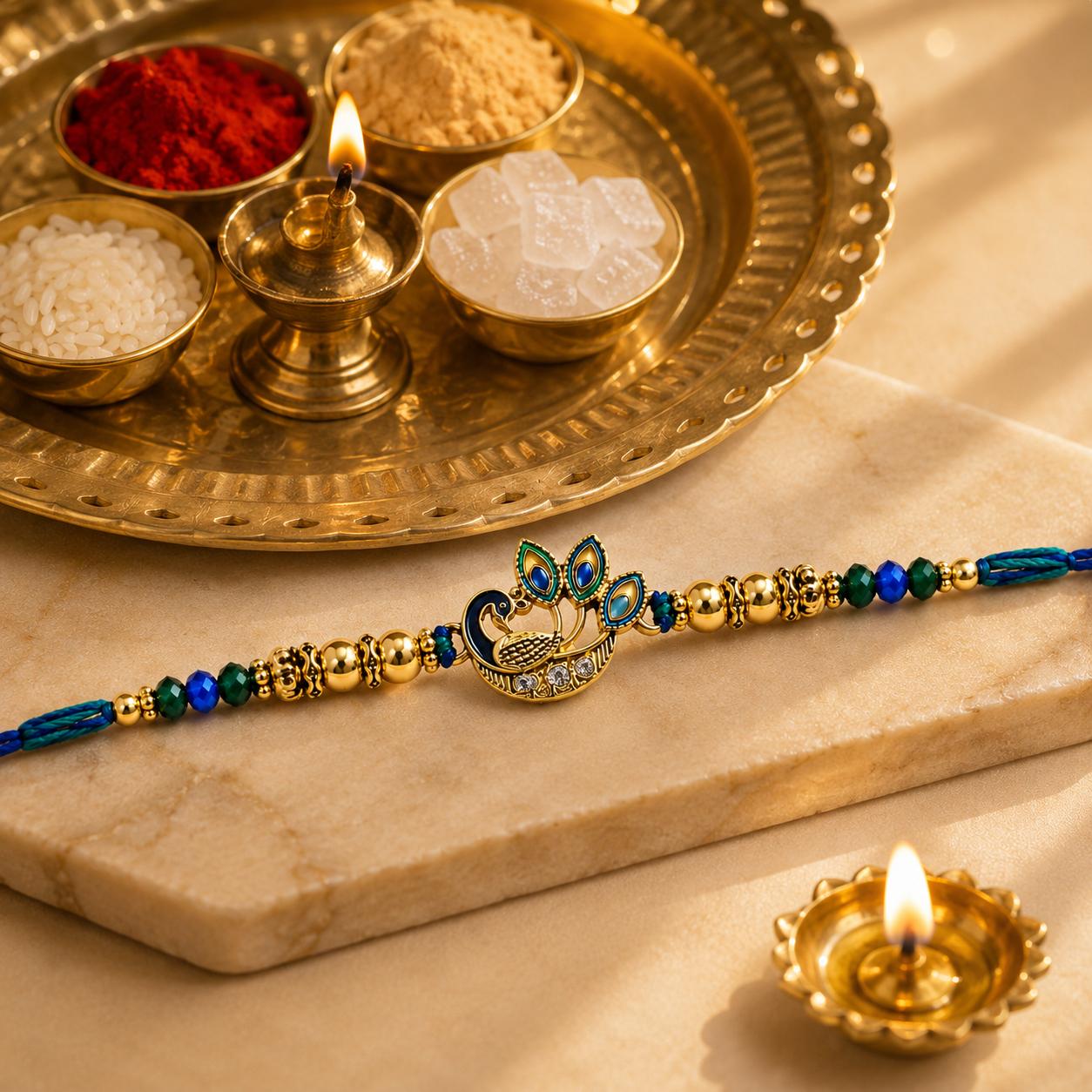 Peacock Designer Rakhi With Blue Green Beads For Men & Boys(1 Rakhi With Roli, Chawal, Chandan & Mishri Pack)