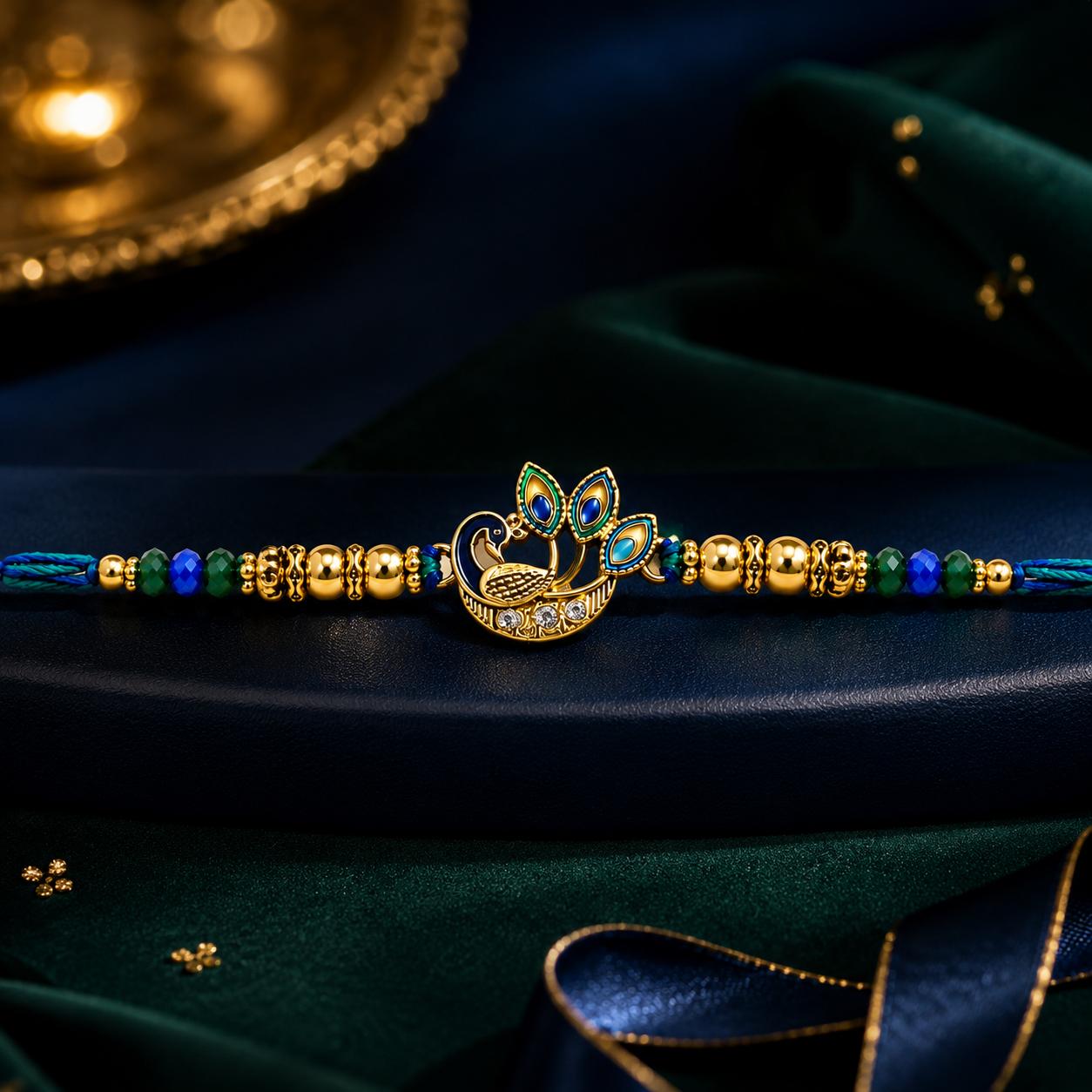 Peacock Designer Rakhi With Blue Green Beads For Men & Boys(1 Rakhi With Roli, Chawal, Chandan & Mishri Pack) - Image 2