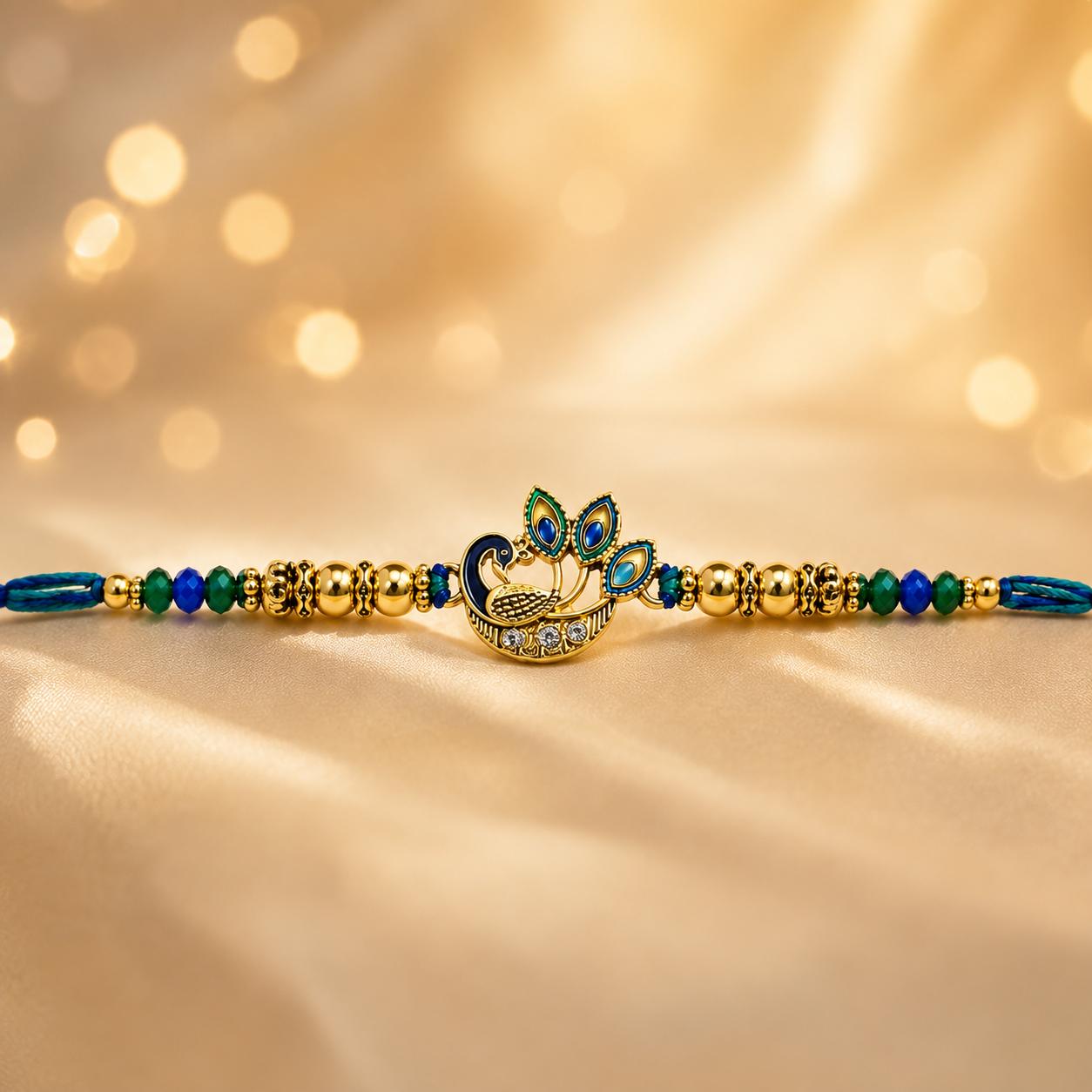 Peacock Designer Rakhi With Blue Green Beads For Men & Boys(1 Rakhi With Roli, Chawal, Chandan & Mishri Pack) - Image 3