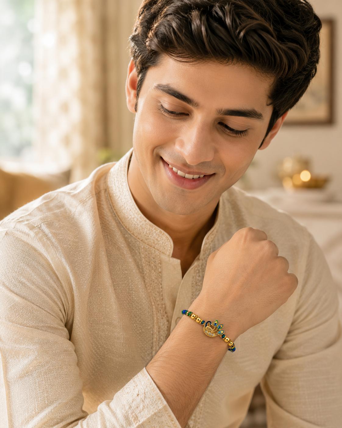 Peacock Designer Rakhi With Blue Green Beads For Men & Boys(1 Rakhi With Roli, Chawal, Chandan & Mishri Pack) - Image 5