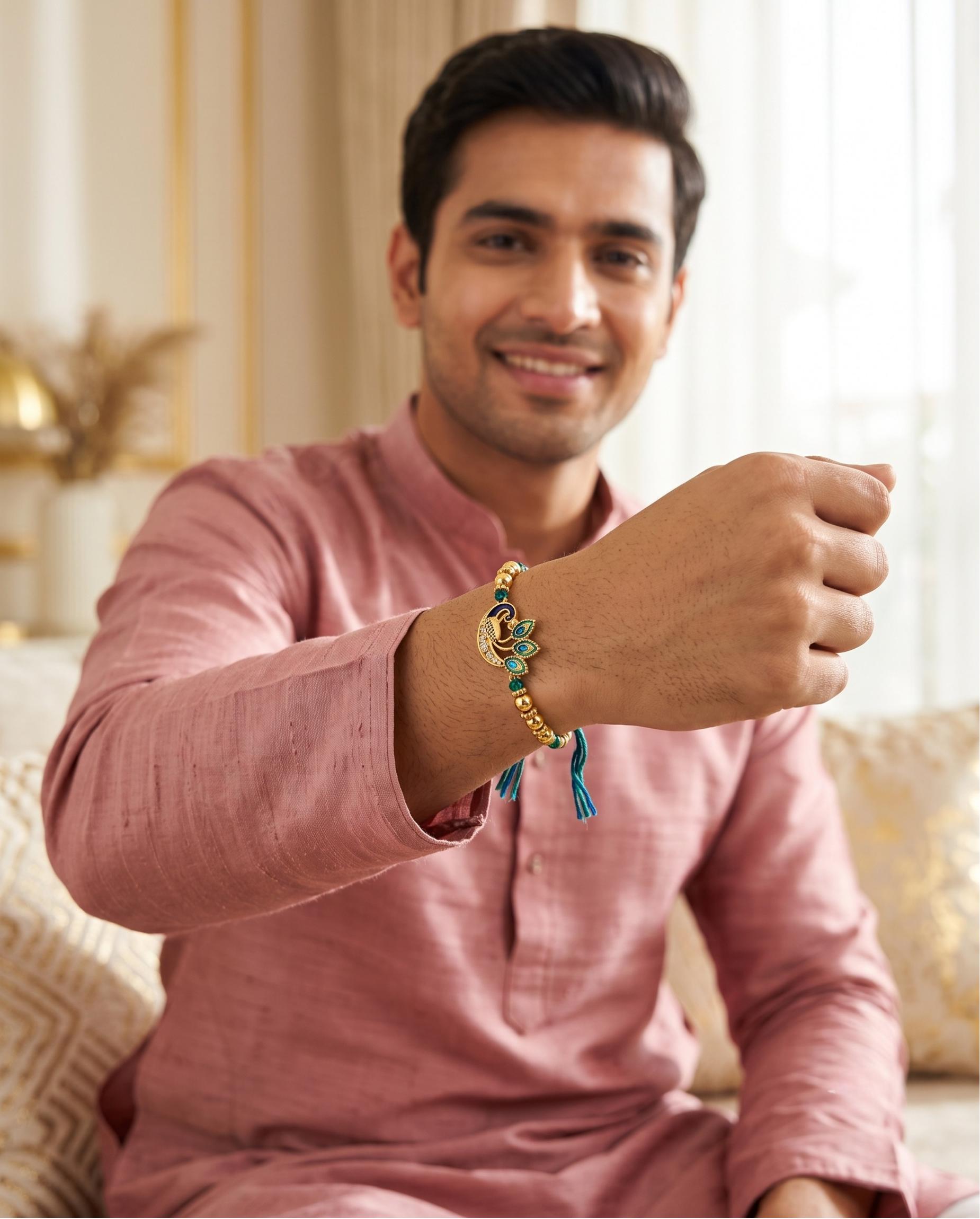 Peacock Designer Rakhi With Blue Green Beads For Men & Boys(1 Rakhi With Roli, Chawal, Chandan & Mishri Pack) - Image 6