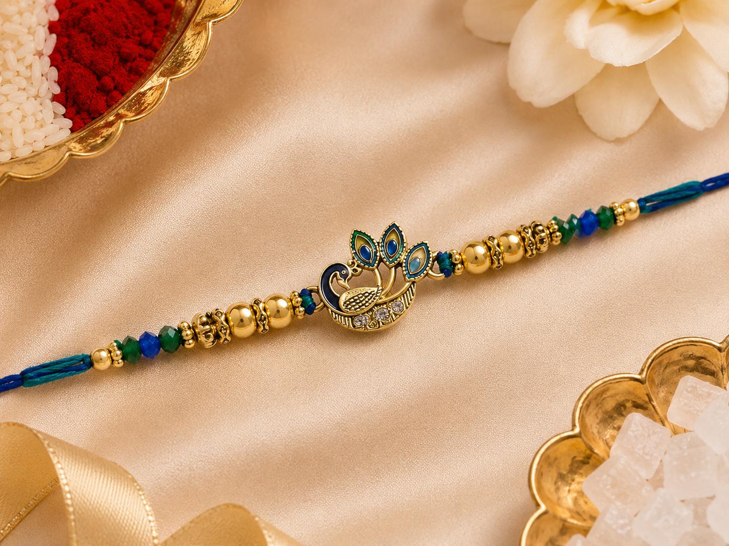Peacock Designer Rakhi With Blue Green Beads For Men & Boys(1 Rakhi With Roli, Chawal, Chandan & Mishri Pack) - Image 7