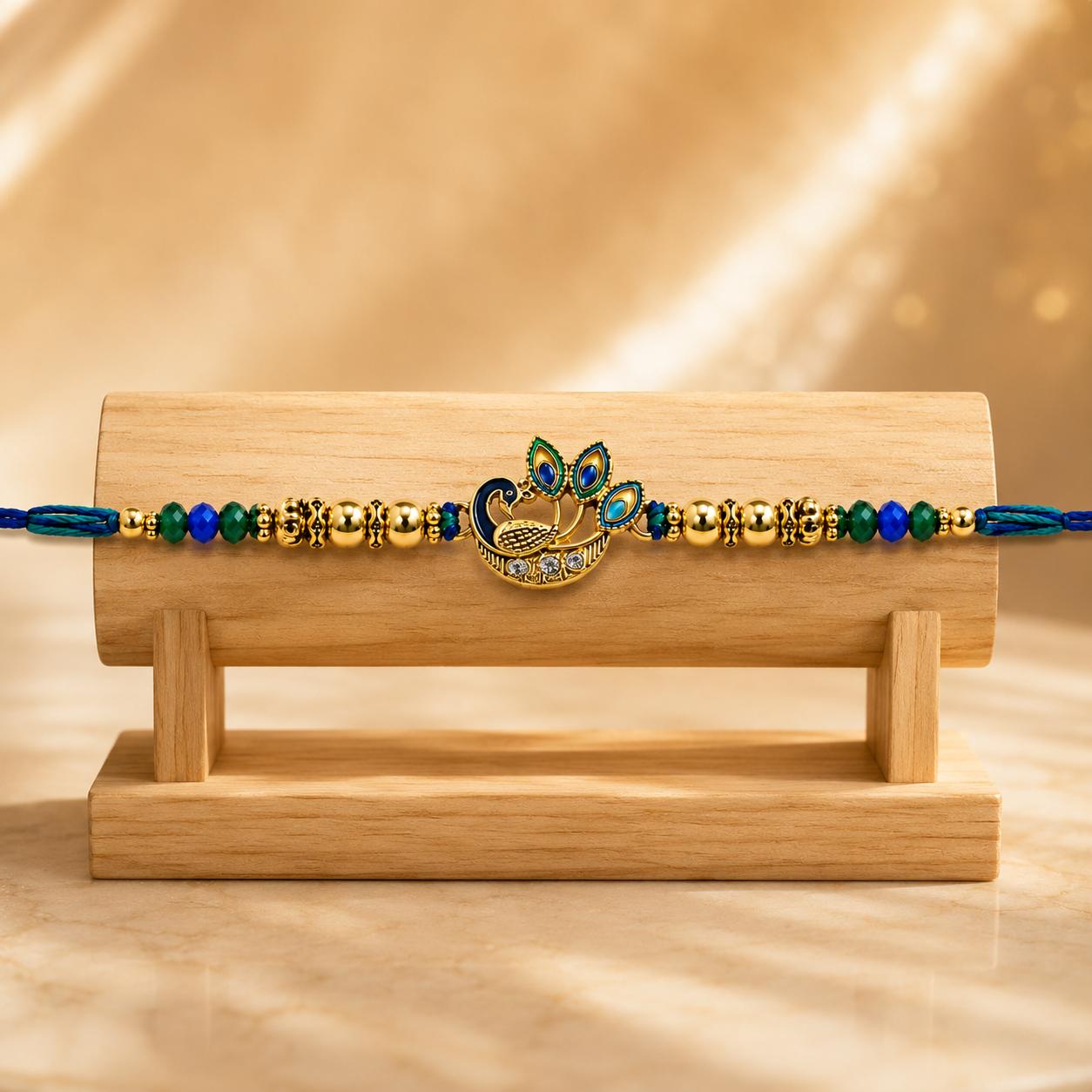 Peacock Designer Rakhi With Blue Green Beads For Men & Boys(1 Rakhi With Roli, Chawal, Chandan & Mishri Pack) - Image 8