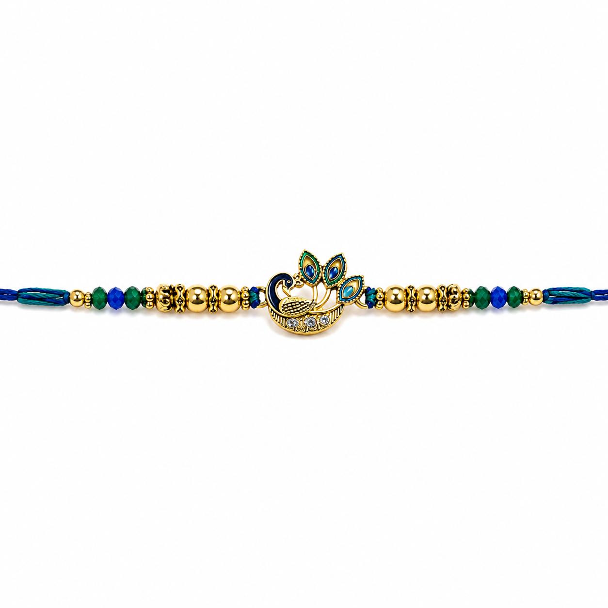 Peacock Designer Rakhi With Blue Green Beads For Men & Boys(1 Rakhi With Roli, Chawal, Chandan & Mishri Pack) - Image 9