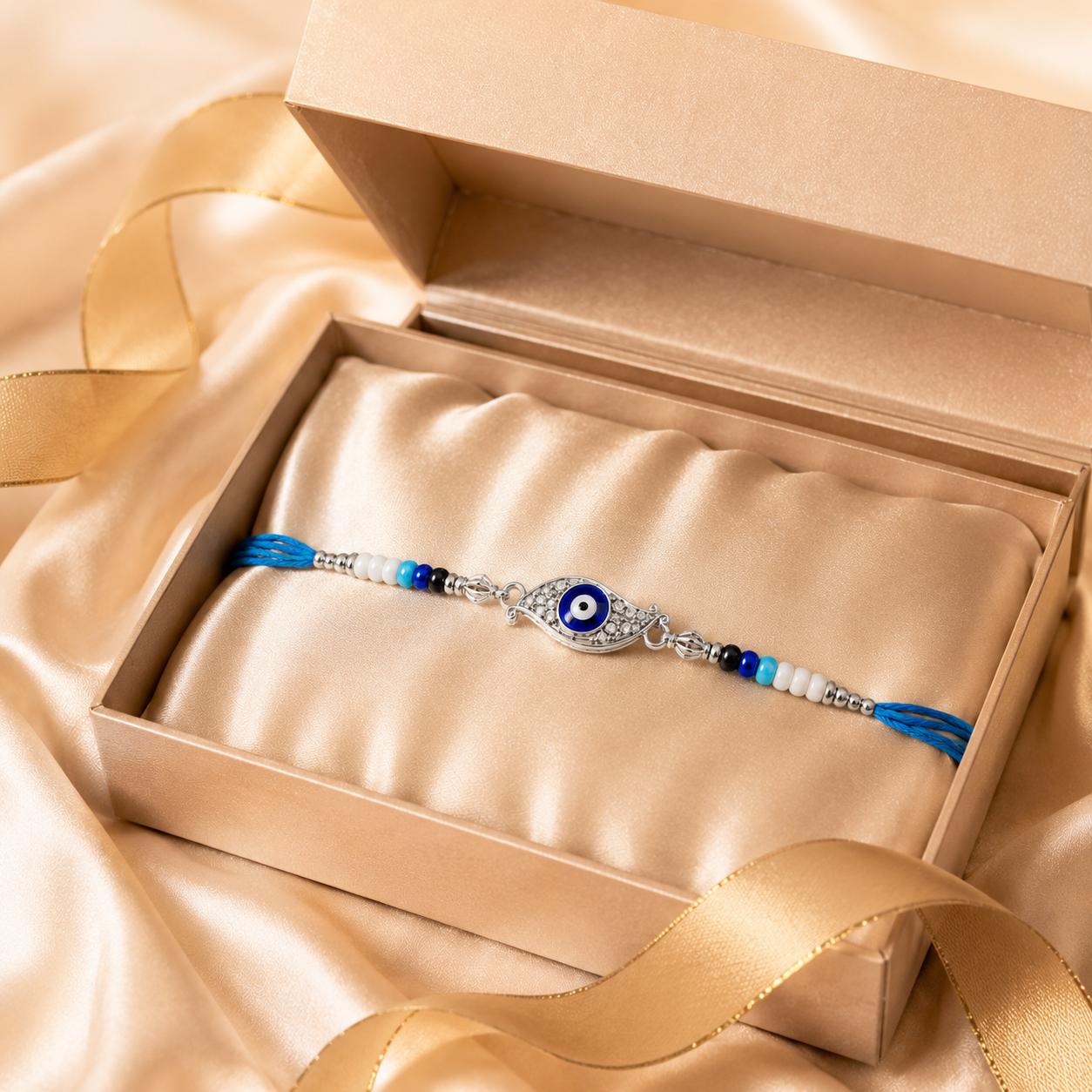 Evil Eye Designer Rakhi With Blue White Beads For Men & Boys(1 Rakhi With Roli, Chawal, Chandan & Mishri Pack) - Image 3