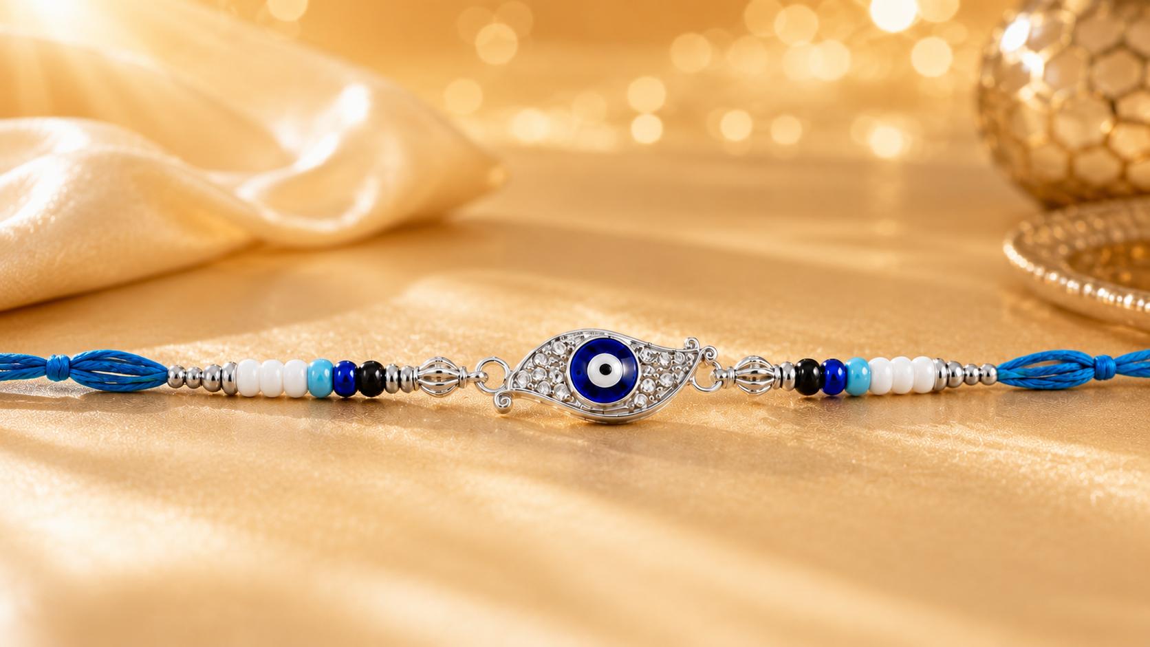 Evil Eye Designer Rakhi With Blue White Beads For Men & Boys(1 Rakhi With Roli, Chawal, Chandan & Mishri Pack) - Image 6