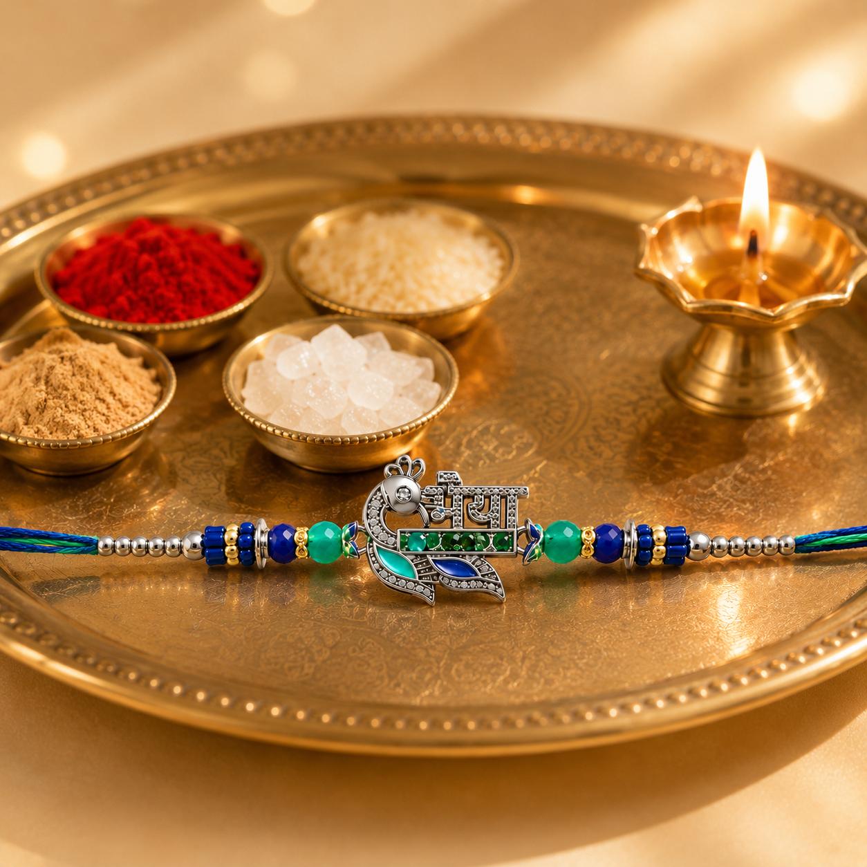 Bhaiya Peacock Designer Rakhi For Men & Boys(1 Rakhi With Roli, Chawal, Chandan & Mishri Pack)