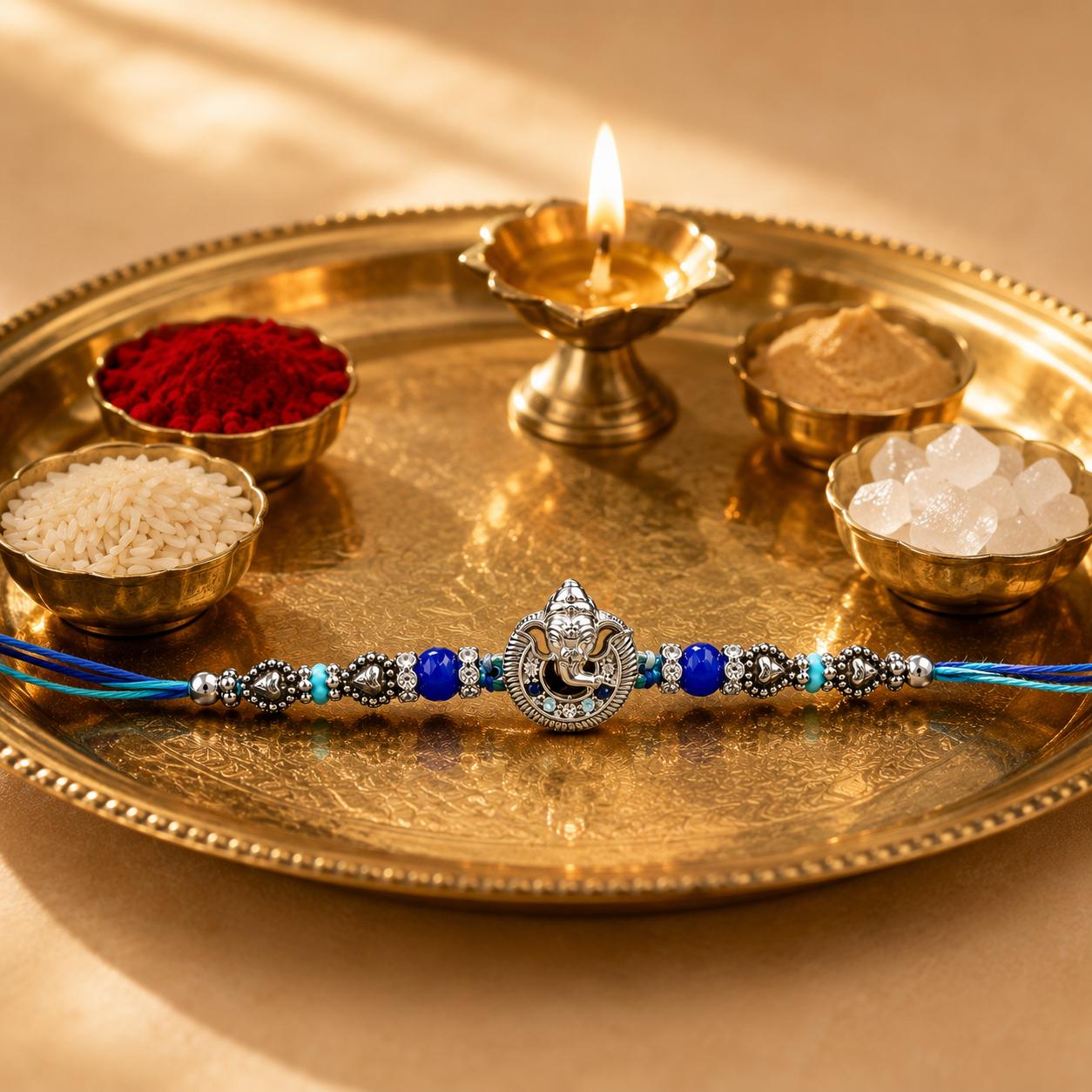 Lord Ganesha Designer Rakhi With Blue Beads For Men & Boys(1 Rakhi With Roli, Chawal, Chandan & Mishri Pack)