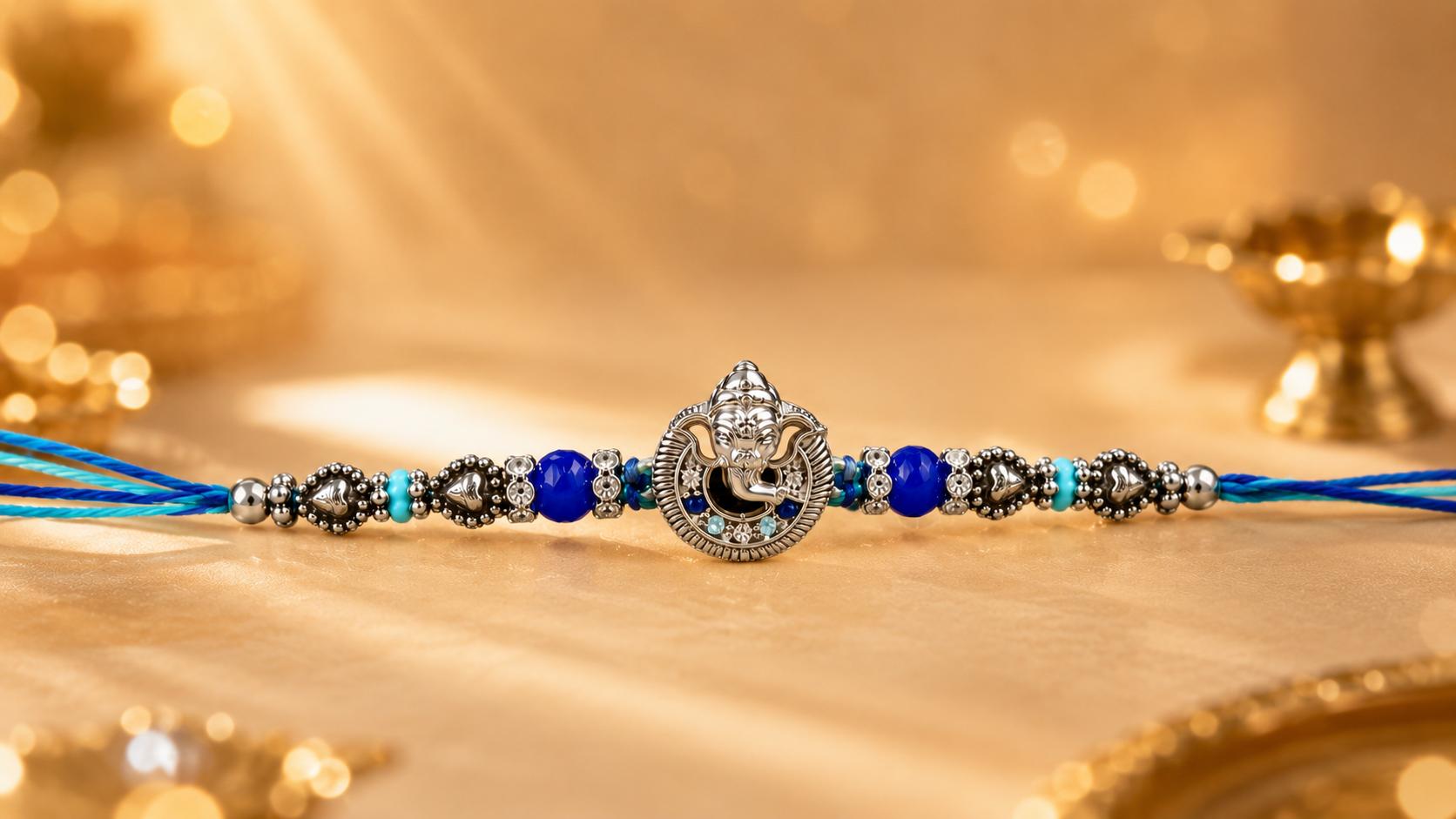 Lord Ganesha Designer Rakhi With Blue Beads For Men & Boys(1 Rakhi With Roli, Chawal, Chandan & Mishri Pack) - Image 8