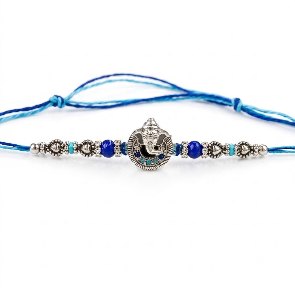 Lord Ganesha Designer Rakhi With Blue Beads For Men & Boys(1 Rakhi With Roli, Chawal, Chandan & Mishri Pack) - Image 9