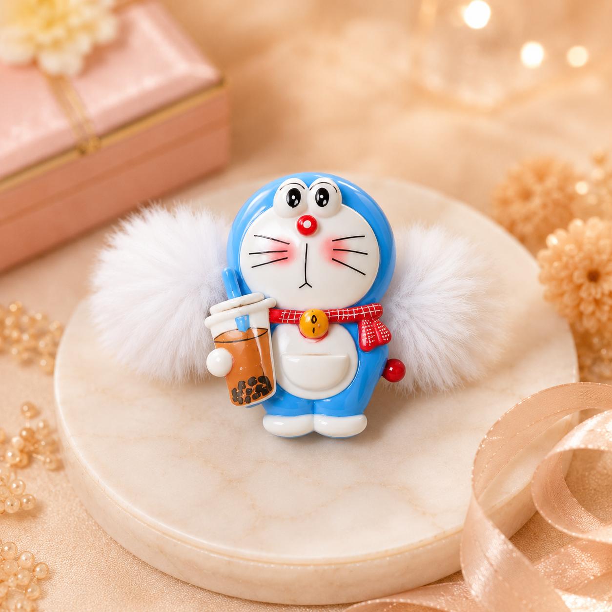 Girls White Soft Fur Doraemon Toy Scrunchie Rakhi (pack Of 1)